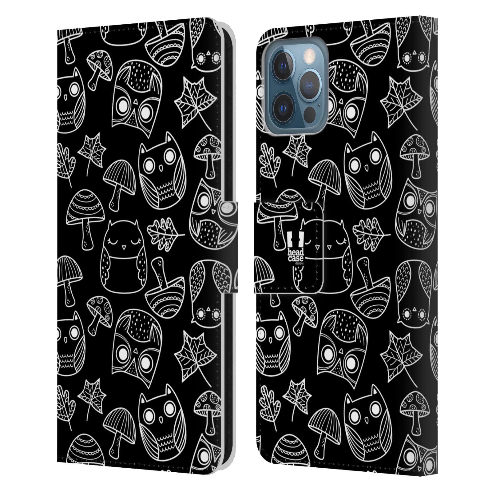 HEAD CASE Flipové pouzdro pro mobil Apple Iphone 12 / Iphone 12 PRO černobílé sovičky kreslené houbičky a sovičky černá