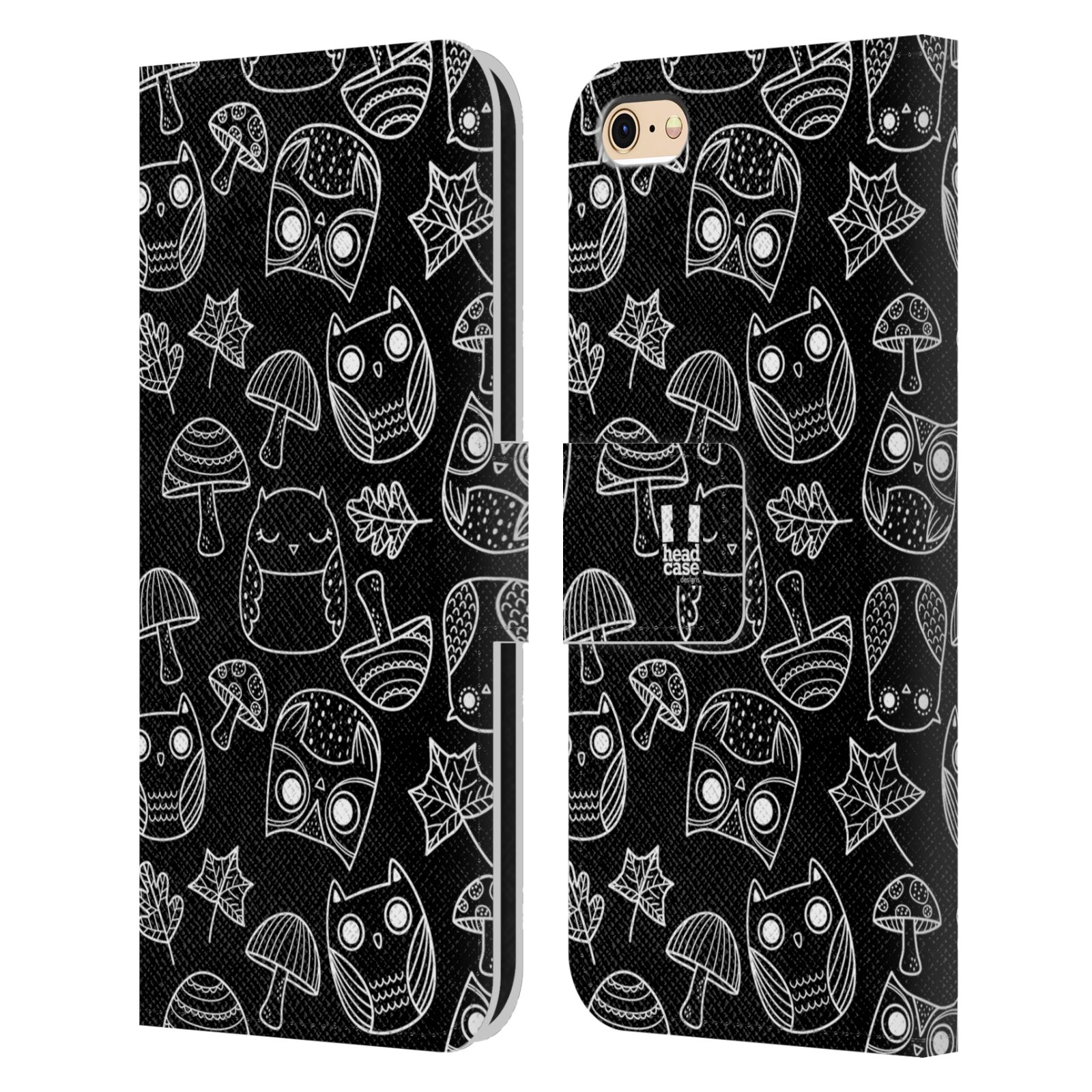 HEAD CASE Flipové pouzdro pro mobil Apple Iphone 6/6s černobílé sovičky kreslené houbičky a sovičky černá