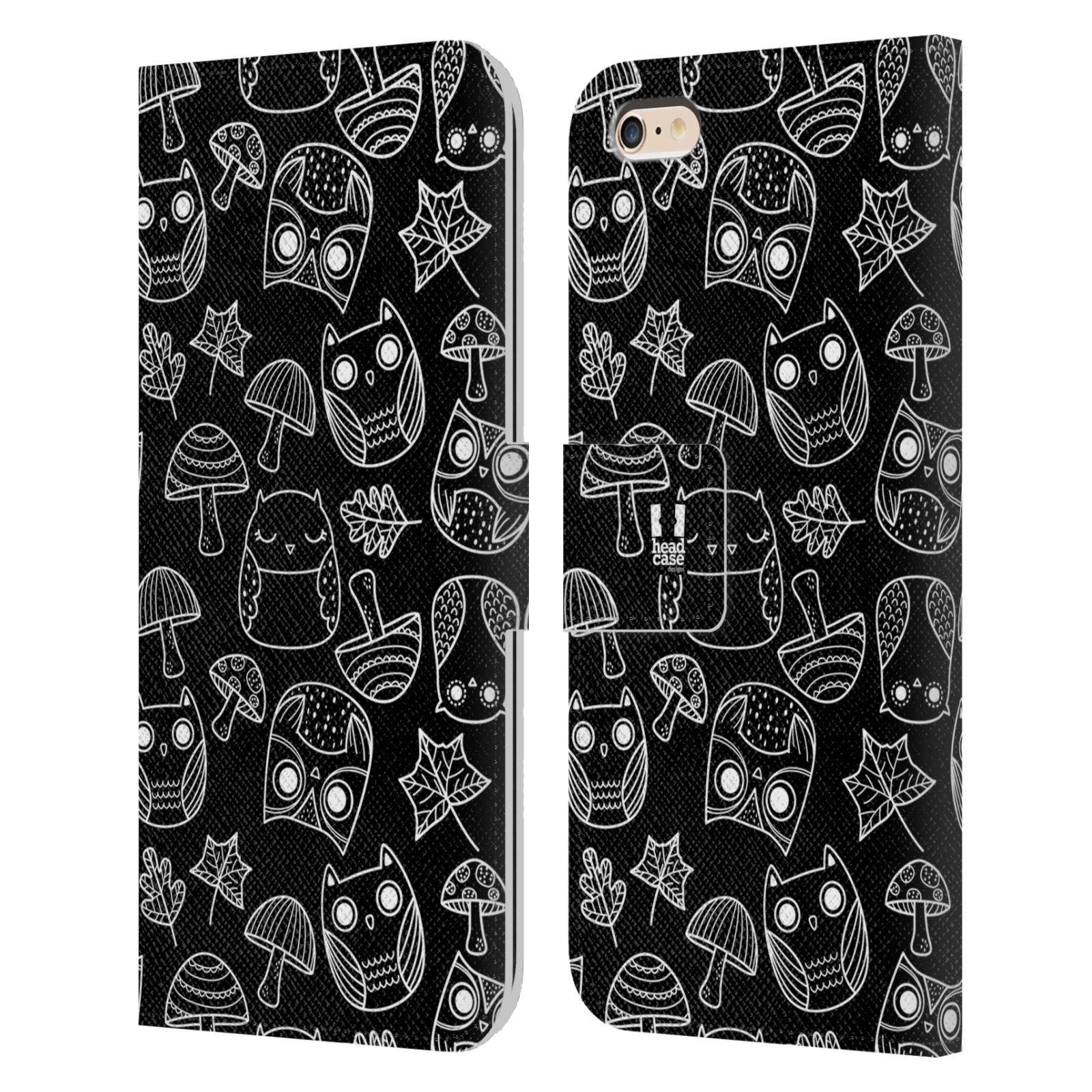 HEAD CASE Flipové pouzdro pro mobil Apple Iphone 6 PLUS / 6S PLUS černobílé sovičky kreslené houbičky a sovičky černá