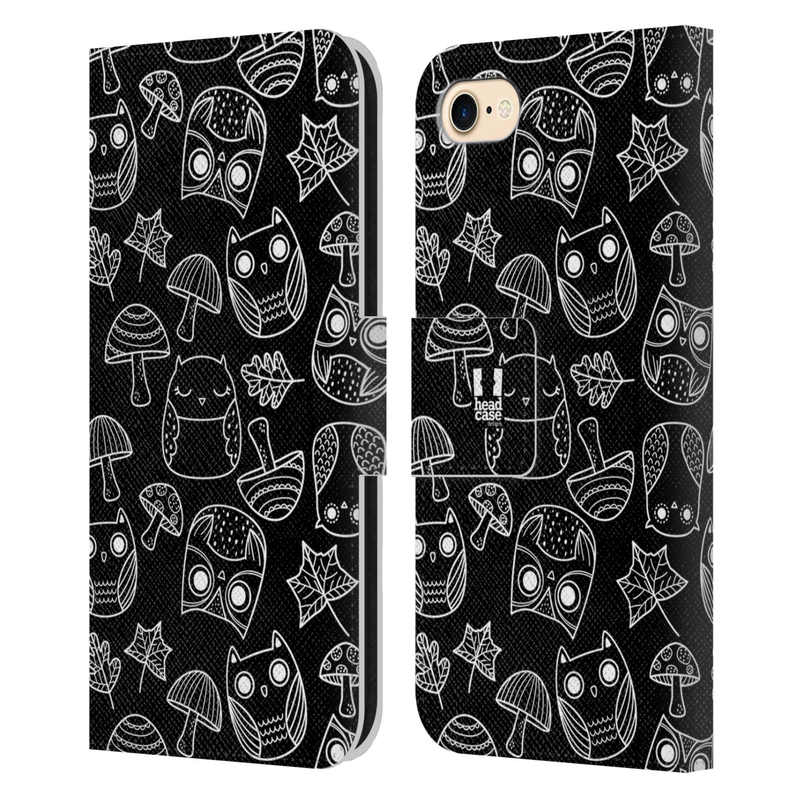 HEAD CASE Flipové pouzdro pro mobil Apple Iphone 7/8/SE 2020 černobílé sovičky kreslené houbičky a sovičky černá