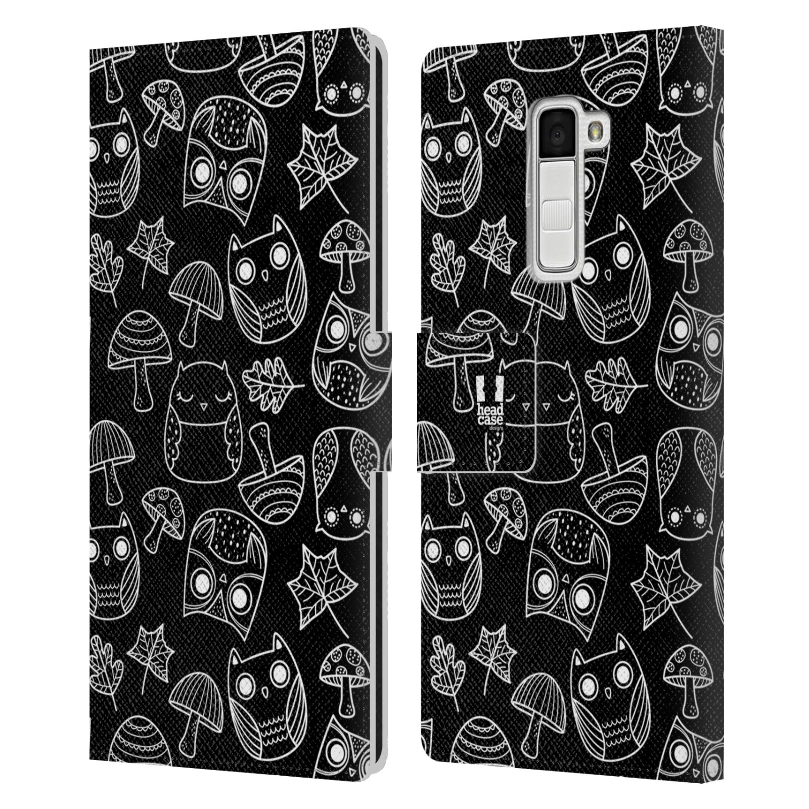 HEAD CASE Flipové pouzdro pro mobil LG K10 černobílé sovičky kreslené houbičky a sovičky černá