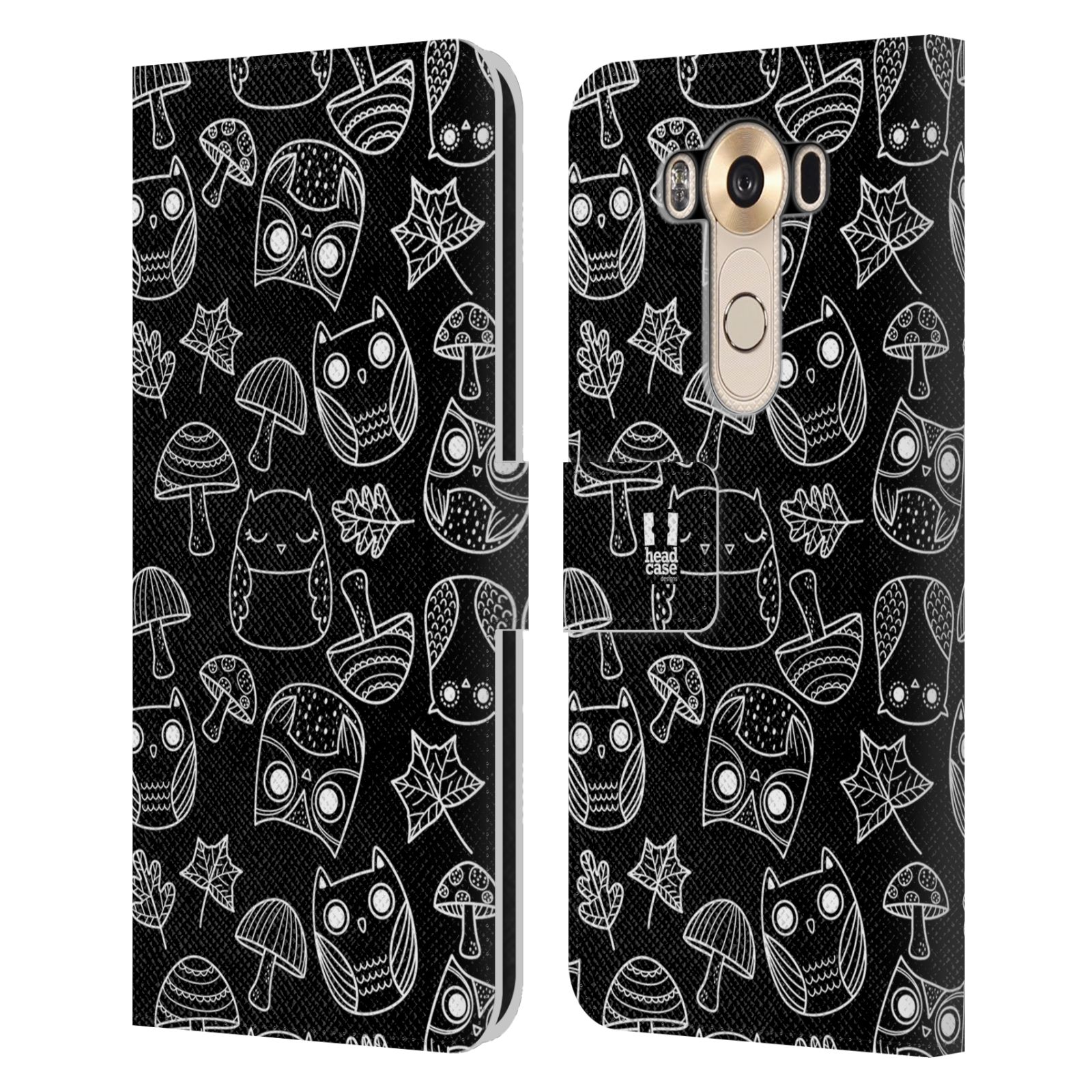 HEAD CASE Flipové pouzdro pro mobil LG V10 černobílé sovičky kreslené houbičky a sovičky černá