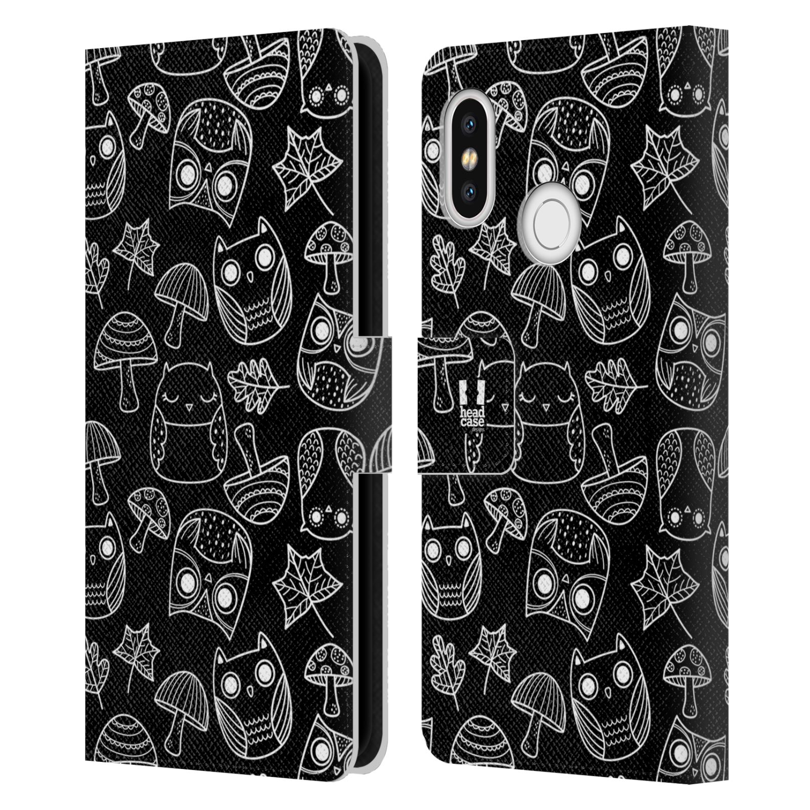 HEAD CASE Flipové pouzdro pro mobil Xiaomi Mi 8 černobílé sovičky kreslené houbičky a sovičky černá