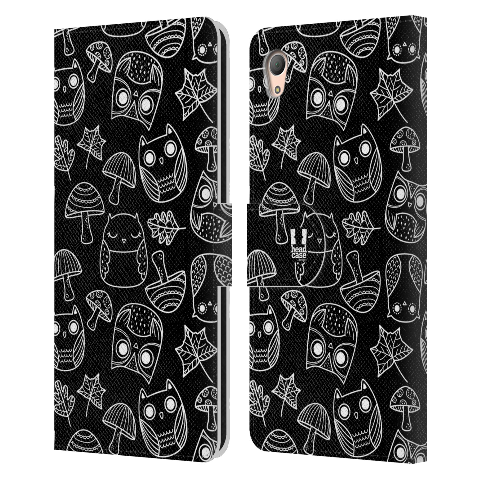 HEAD CASE Flipové pouzdro pro mobil SONY XPERIA Z3+ (PLUS) černobílé sovičky kreslené houbičky a sovičky černá