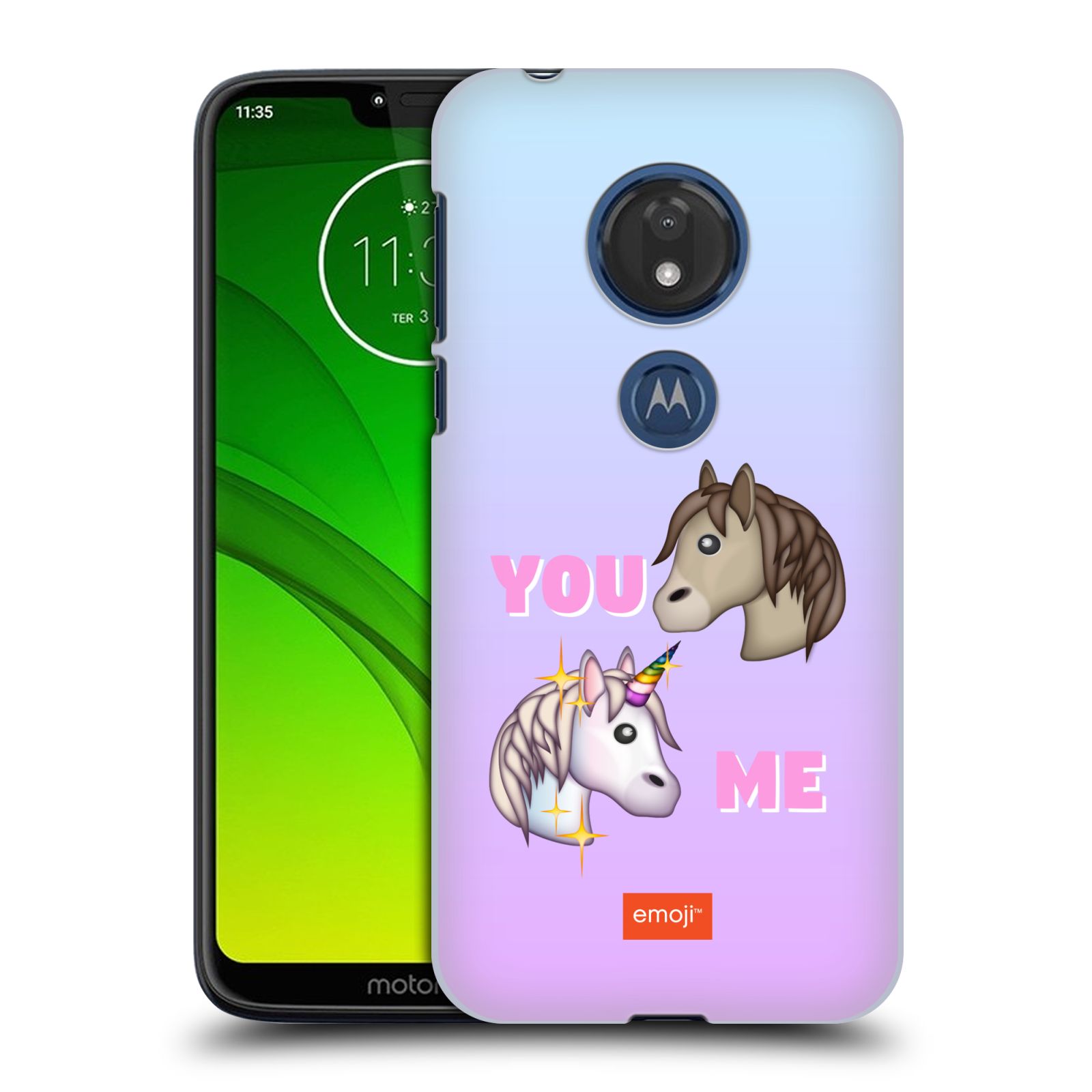 Pouzdro na mobil Motorola Moto G7 Play smajlíci oficiální kryt EMOJI vzor dva jednorožci YOU and ME
