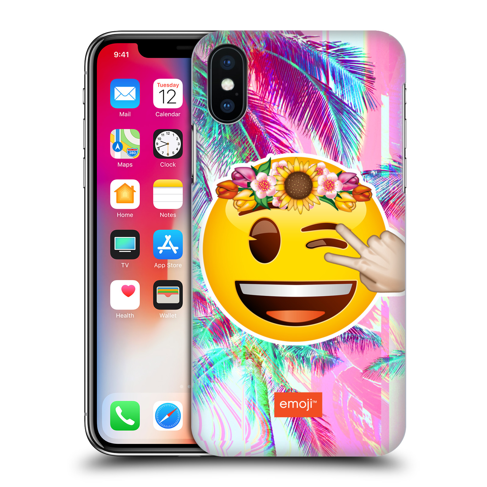 Pouzdro na mobil Apple Iphone X/XS - HEAD CASE - Emoji smajlík palmy a květiny