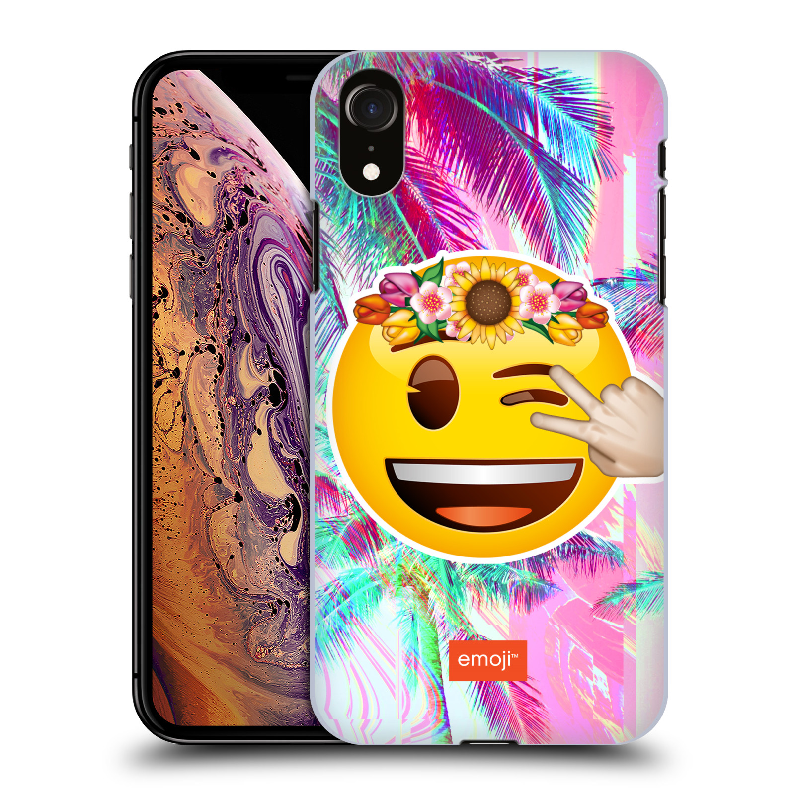 Pouzdro na mobil Apple Iphone XR - HEAD CASE - Emoji smajlík palmy a květiny