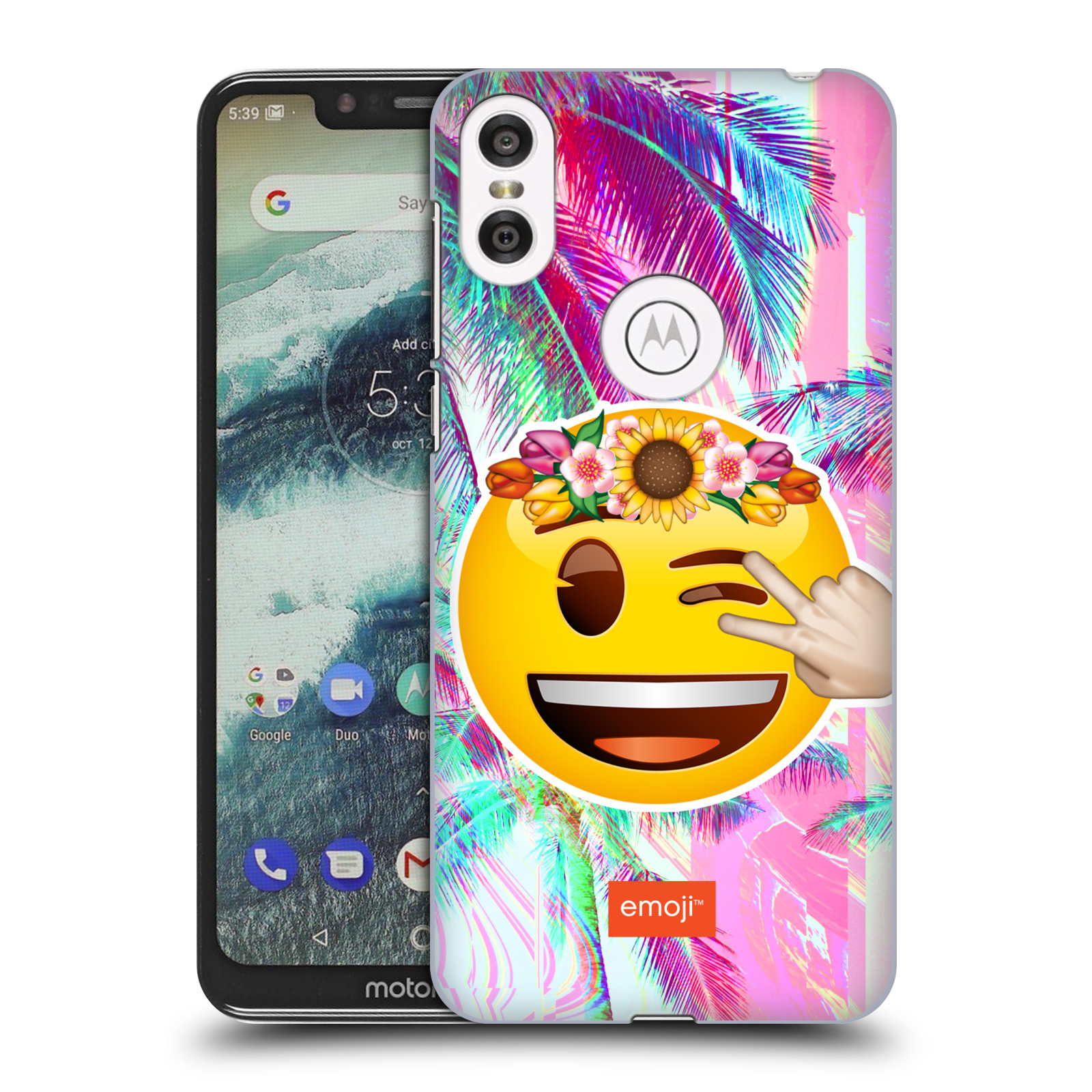 Pouzdro na mobil Motorola Moto ONE - HEAD CASE - Emoji smajlík palmy a květiny