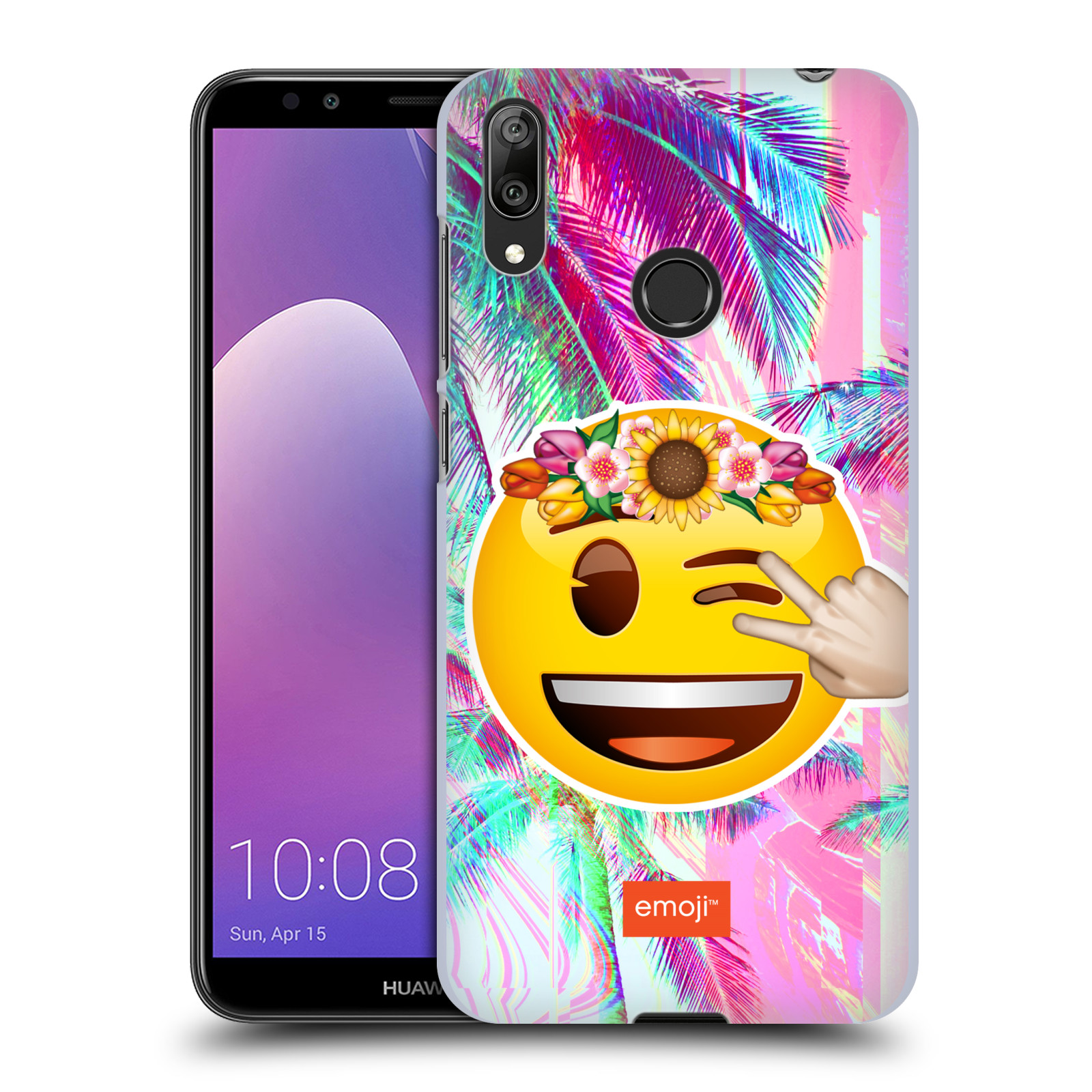 Pouzdro na mobil Huawei Y7 2019 - HEAD CASE - Emoji smajlík palmy a květiny