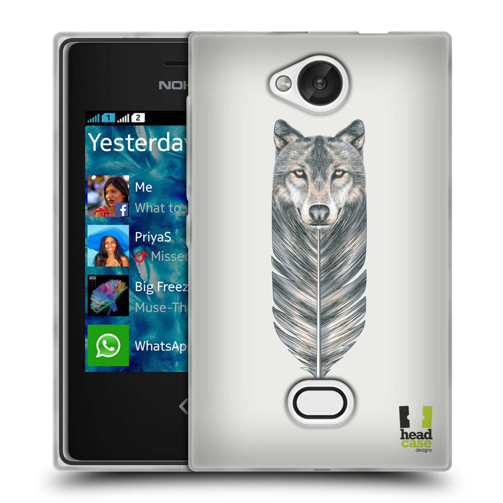 HEAD CASE silikonový obal na mobil NOKIA Asha 503 vzor zvířecí pírka vlk