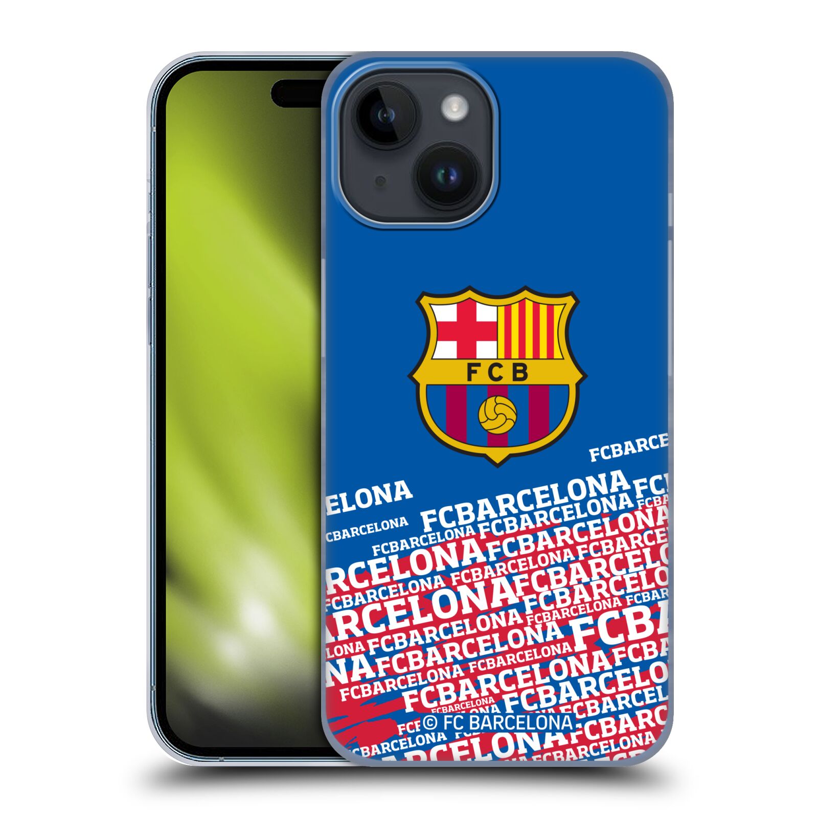 Obal na mobil Apple Iphone 15 - HEAD CASE - FC BARCELONA - Velké logo nadpisy