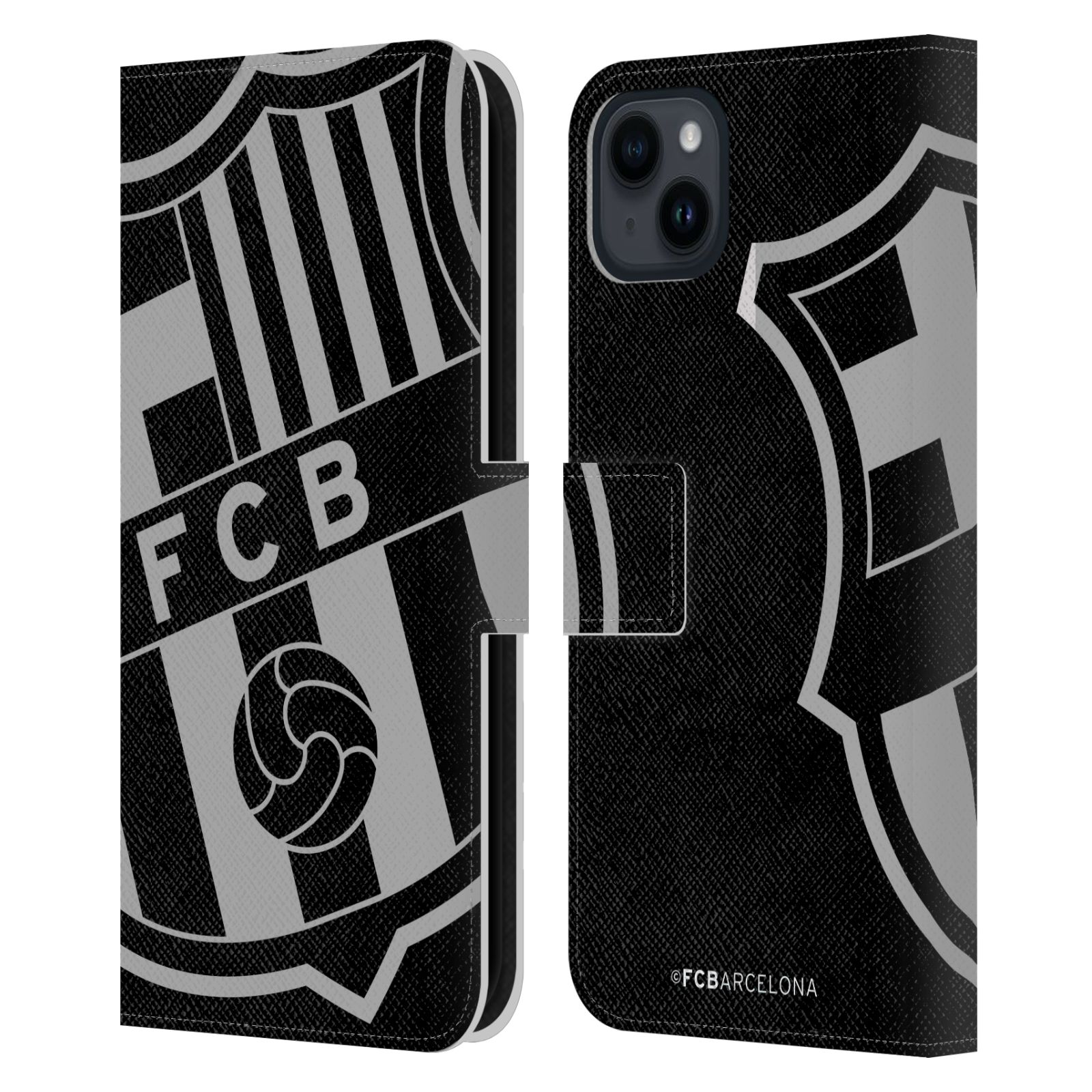 Pouzdro na mobil Apple Iphone 15 PLUS - HEAD CASE - FC Barcelona - černošedé logo