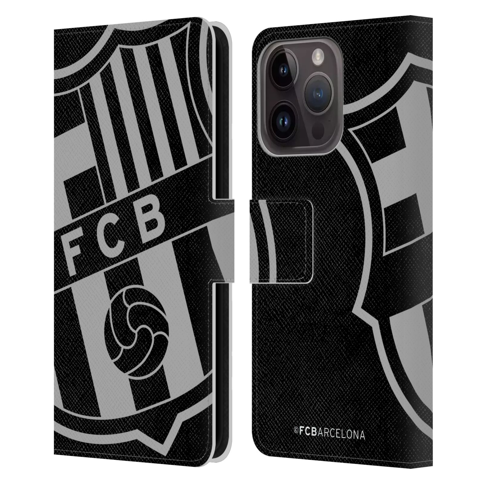 Pouzdro na mobil Apple Iphone 15 PRO - HEAD CASE - FC Barcelona - černošedé logo