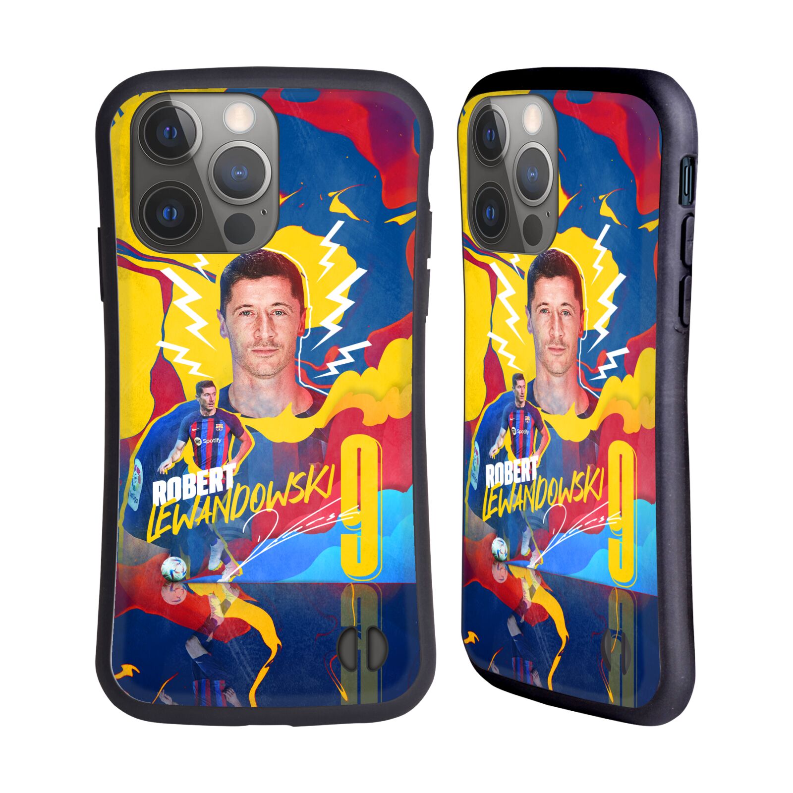 Odolný zadní obal pro mobil Apple iPhone 14 PRO - HEAD CASE - FC Barcelona - Barevný motiv Robert Lewandowski