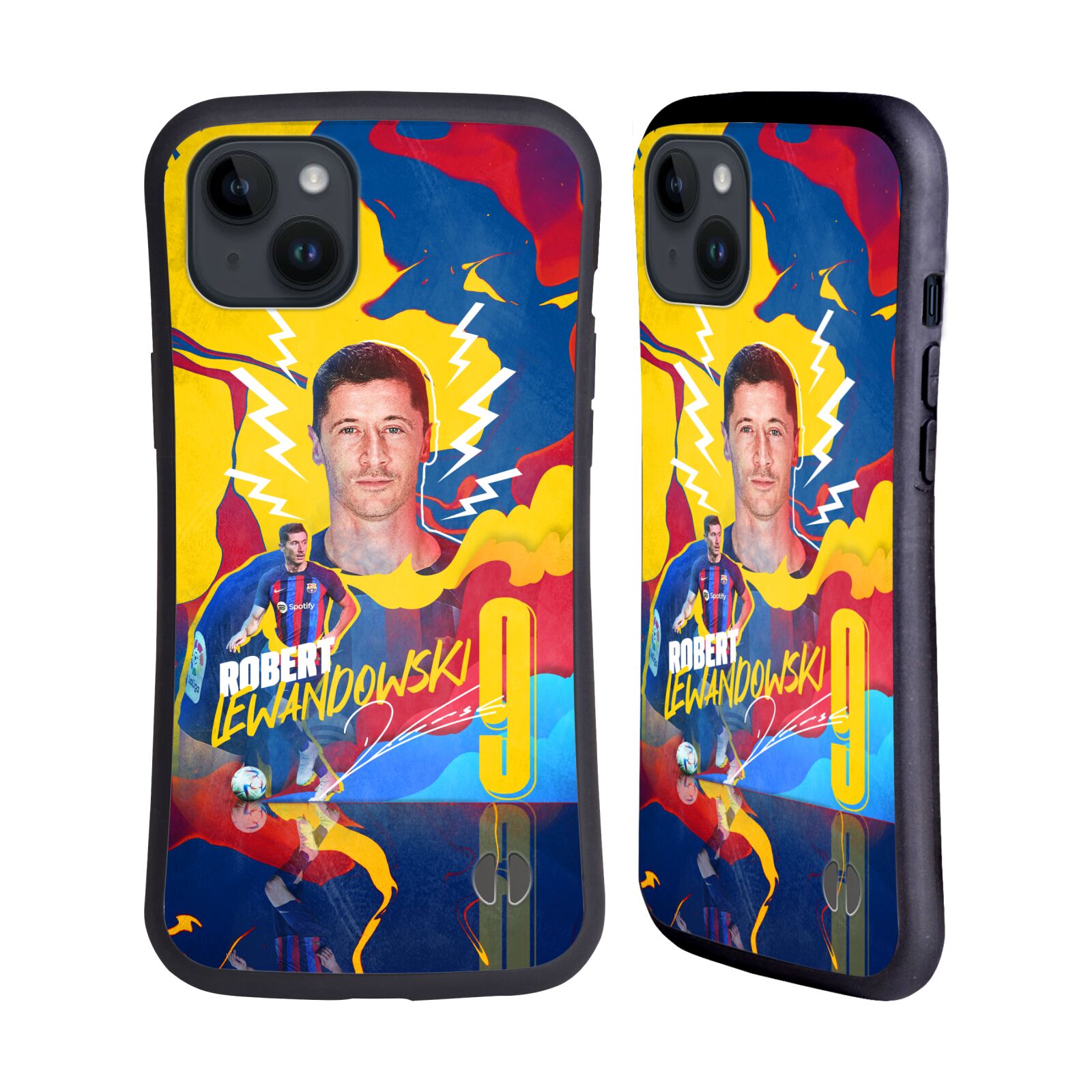Odolný zadní obal pro mobil Apple iPhone 15 PLUS - HEAD CASE - FC Barcelona - Barevný motiv Robert Lewandowski