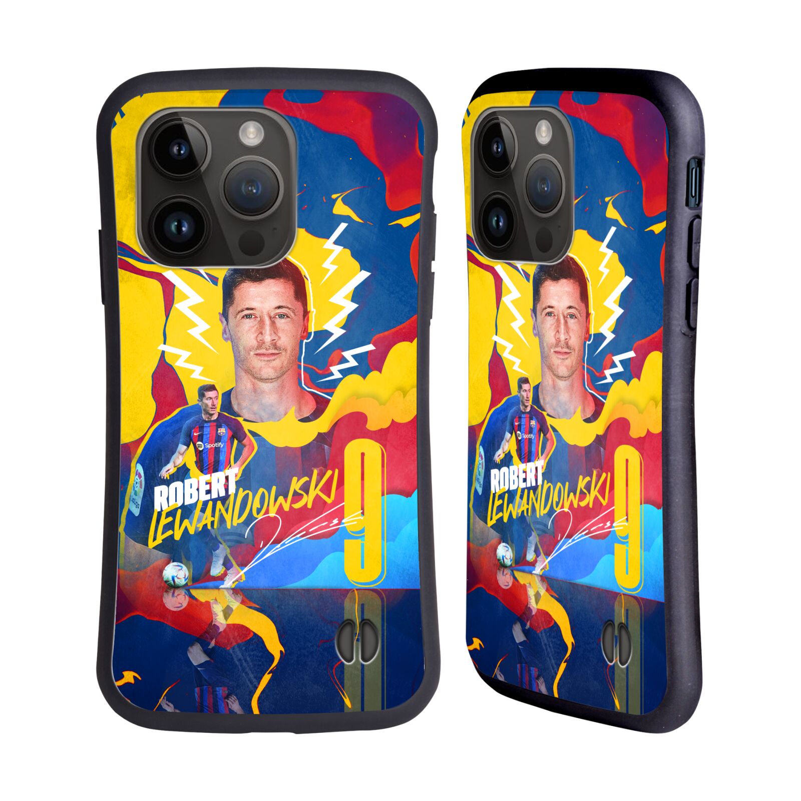 Odolný zadní obal pro mobil Apple iPhone 15 PRO - HEAD CASE - FC Barcelona - Barevný motiv Robert Lewandowski