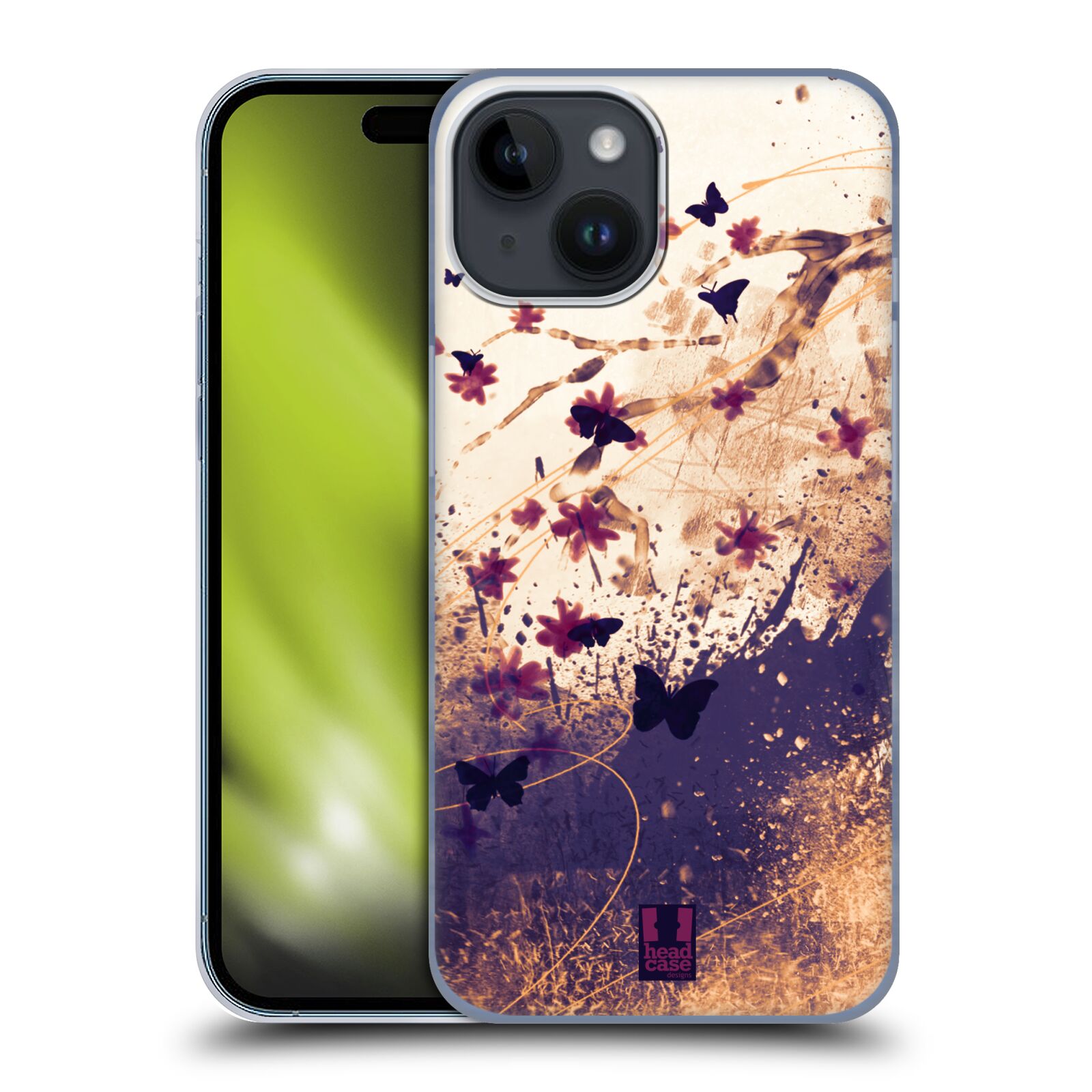 Plastový obal HEAD CASE na mobil Apple Iphone 15 vzor Kreslené barevné květiny KVĚTY A MOTÝLCI