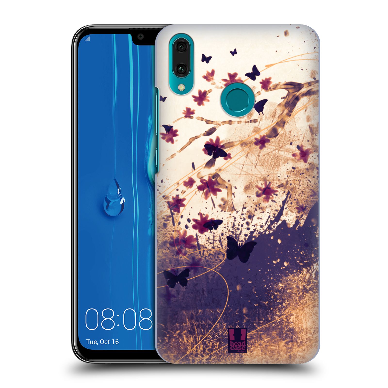 Pouzdro na mobil Huawei Y9 2019 - HEAD CASE - vzor Kreslené barevné květiny KVĚTY A MOTÝLCI