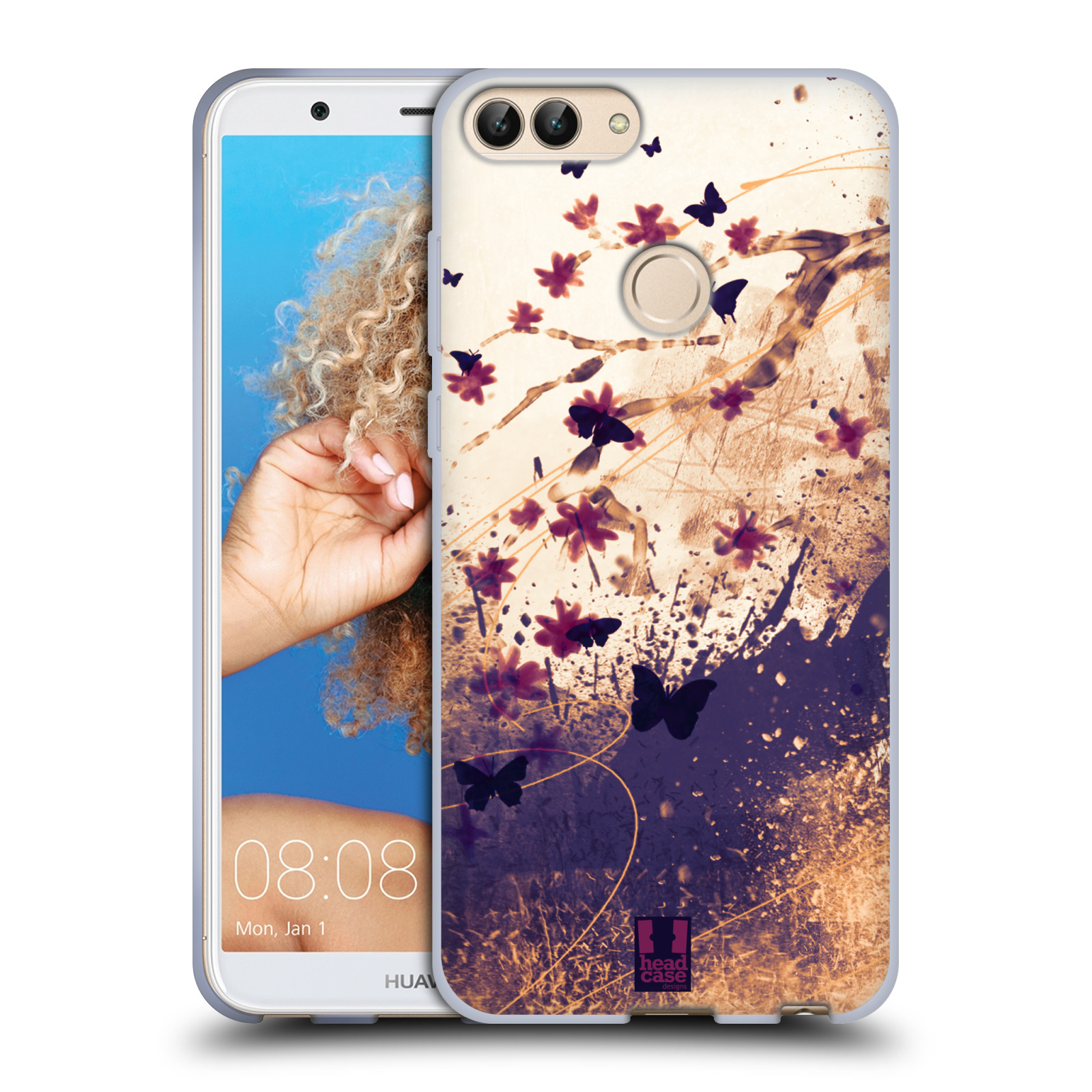 HEAD CASE silikon obal na mobil Huawei P SMART vzor Kreslené barevné květiny KVĚTY A MOTÝLCI