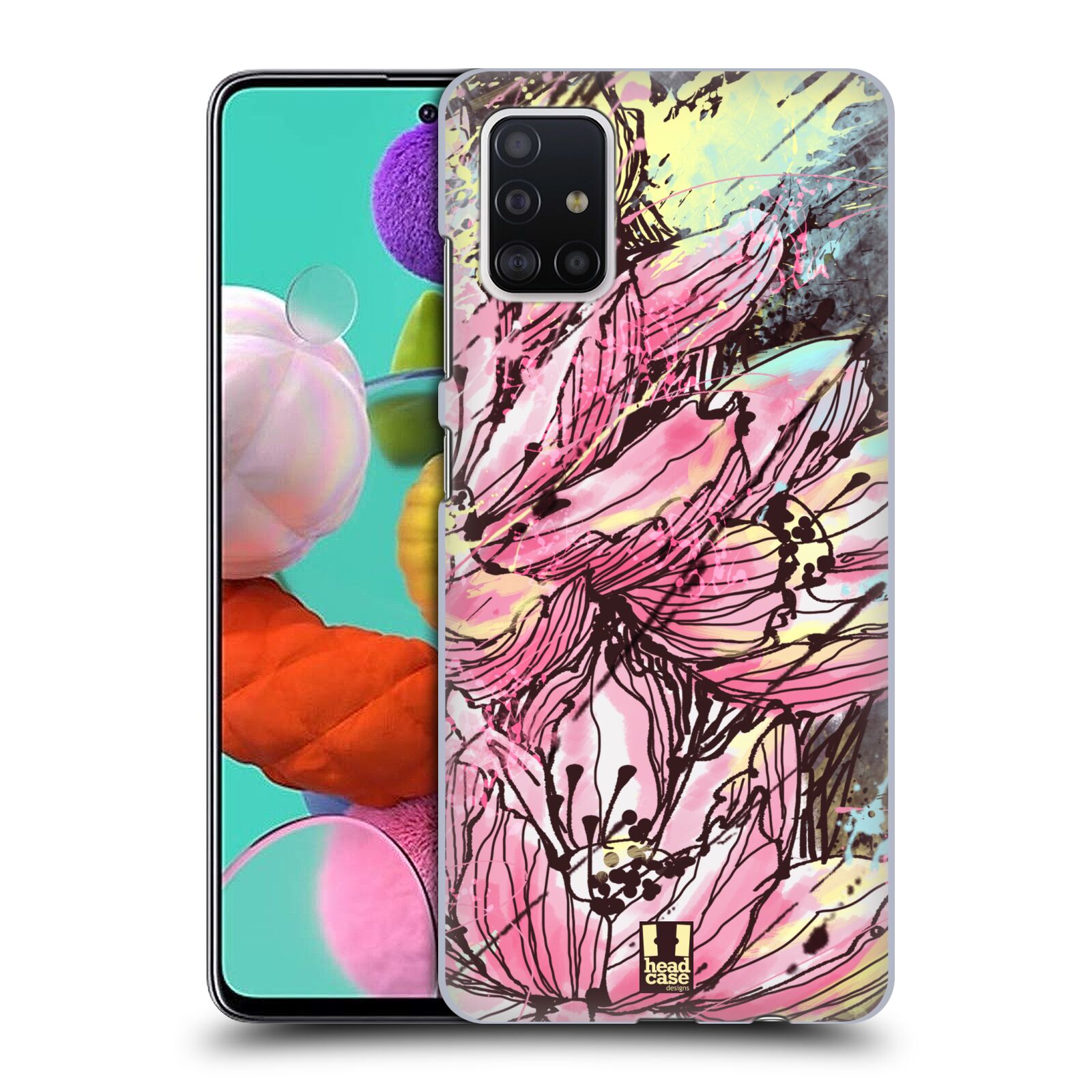 Pouzdro na mobil Samsung Galaxy A51 - HEAD CASE - vzor Kreslené barevné květiny RŮŽOVÁ HANAKOTOBA