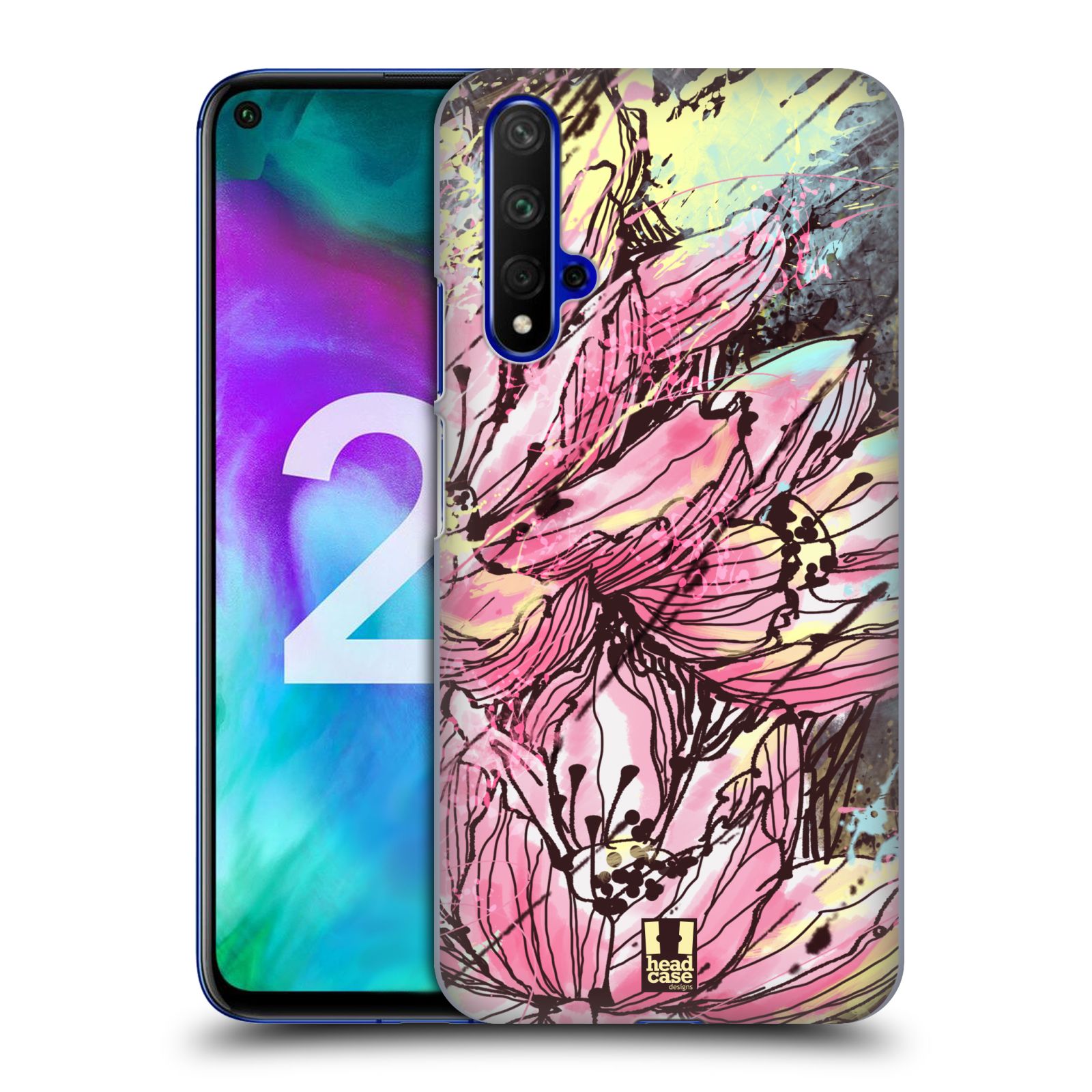 Pouzdro na mobil Honor 20 - HEAD CASE - vzor Kreslené barevné květiny RŮŽOVÁ HANAKOTOBA