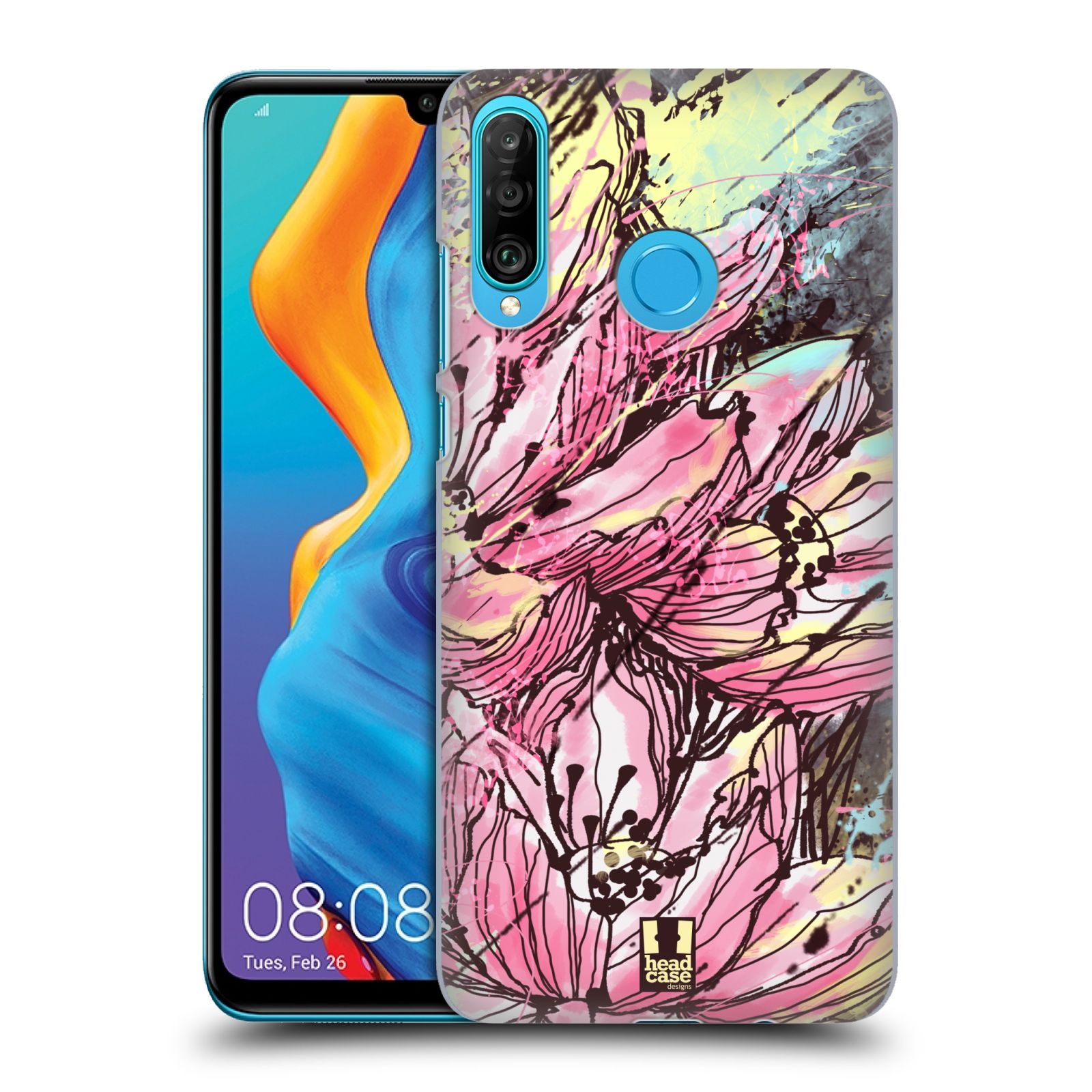 Pouzdro na mobil Huawei P30 LITE - HEAD CASE - vzor Kreslené barevné květiny RŮŽOVÁ HANAKOTOBA