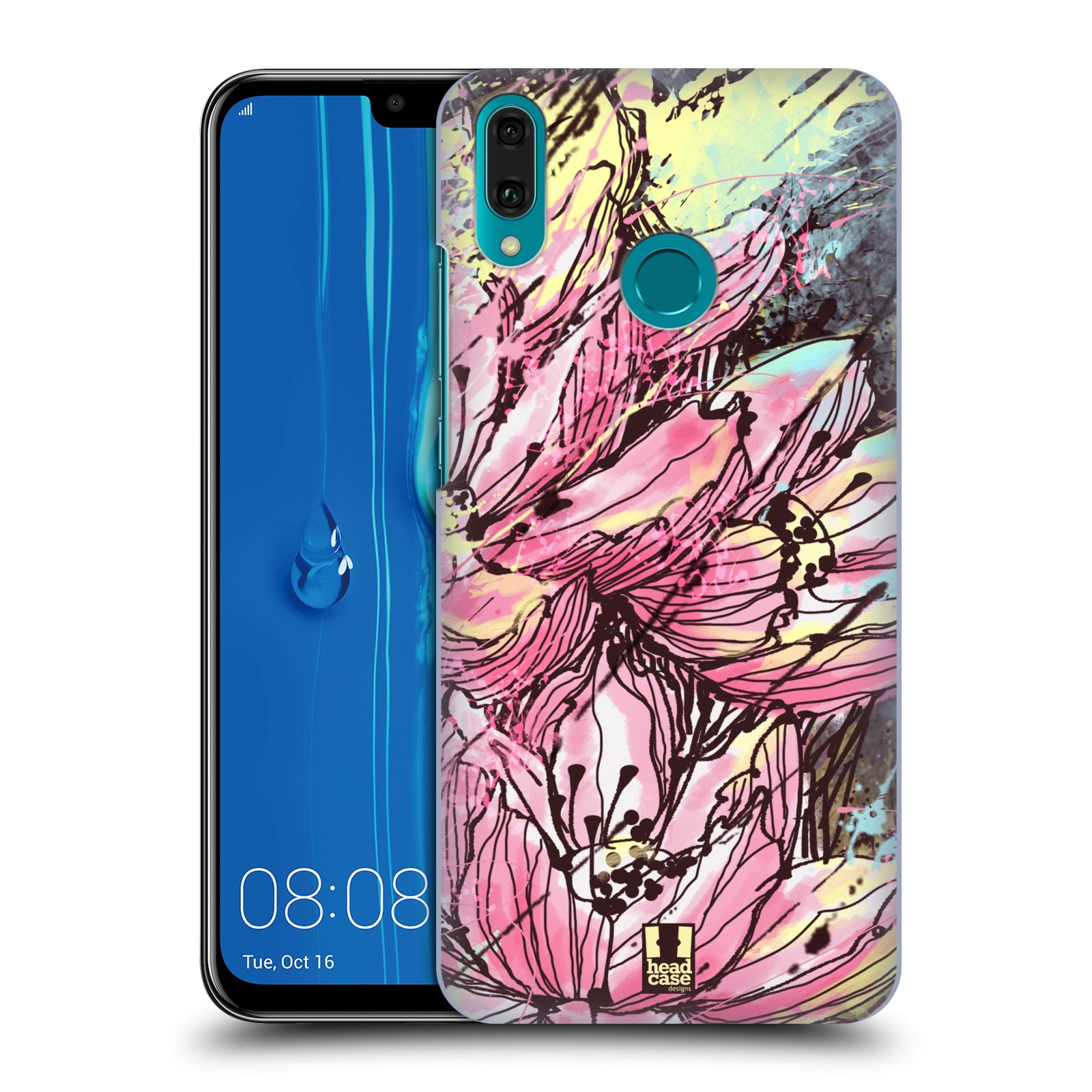 Pouzdro na mobil Huawei Y9 2019 - HEAD CASE - vzor Kreslené barevné květiny RŮŽOVÁ HANAKOTOBA
