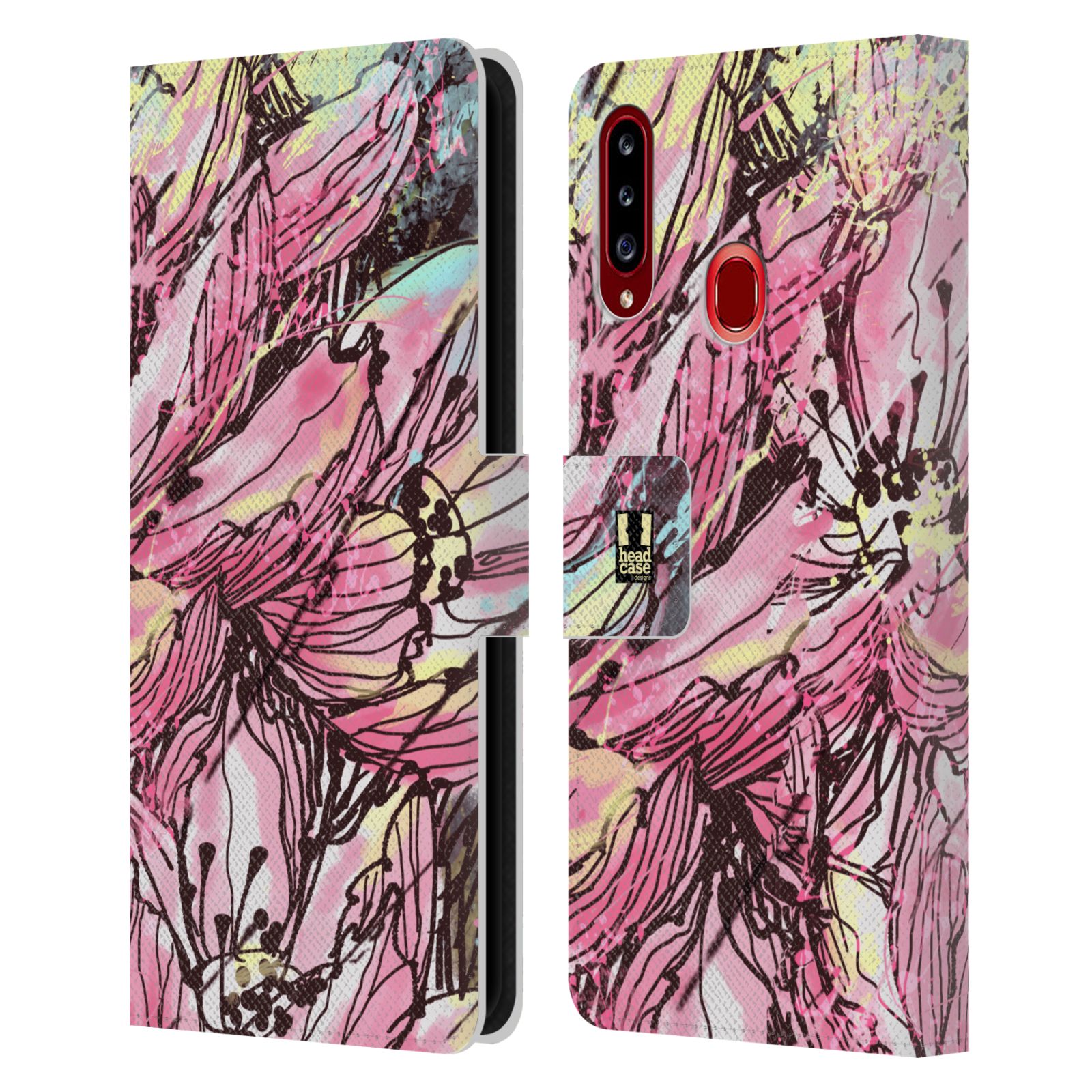 HEAD CASE Flipové pouzdro pro mobil Samsung Galaxy A20s barevná malba květy Hanakotoba růžová