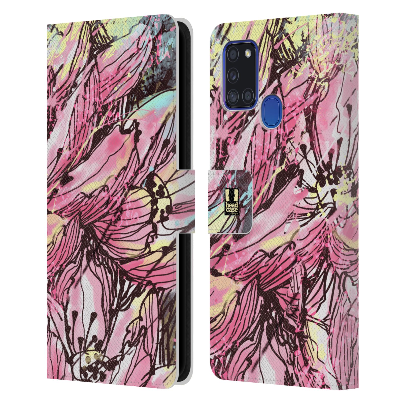 HEAD CASE Flipové pouzdro pro mobil Samsung Galaxy A21s barevná malba květy Hanakotoba růžová