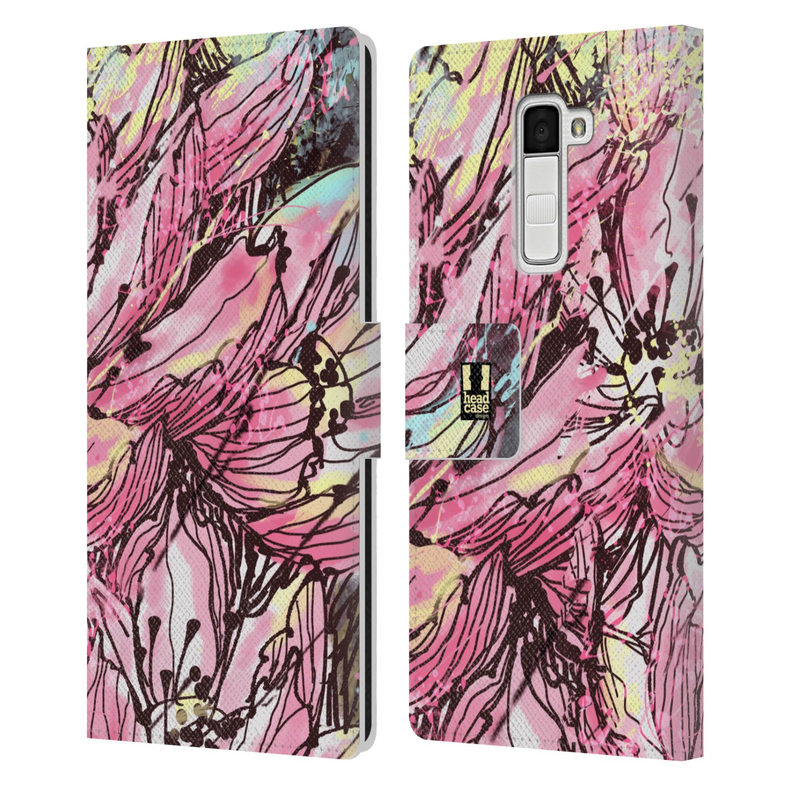HEAD CASE Flipové pouzdro pro mobil LG K10 barevná malba květy Hanakotoba růžová