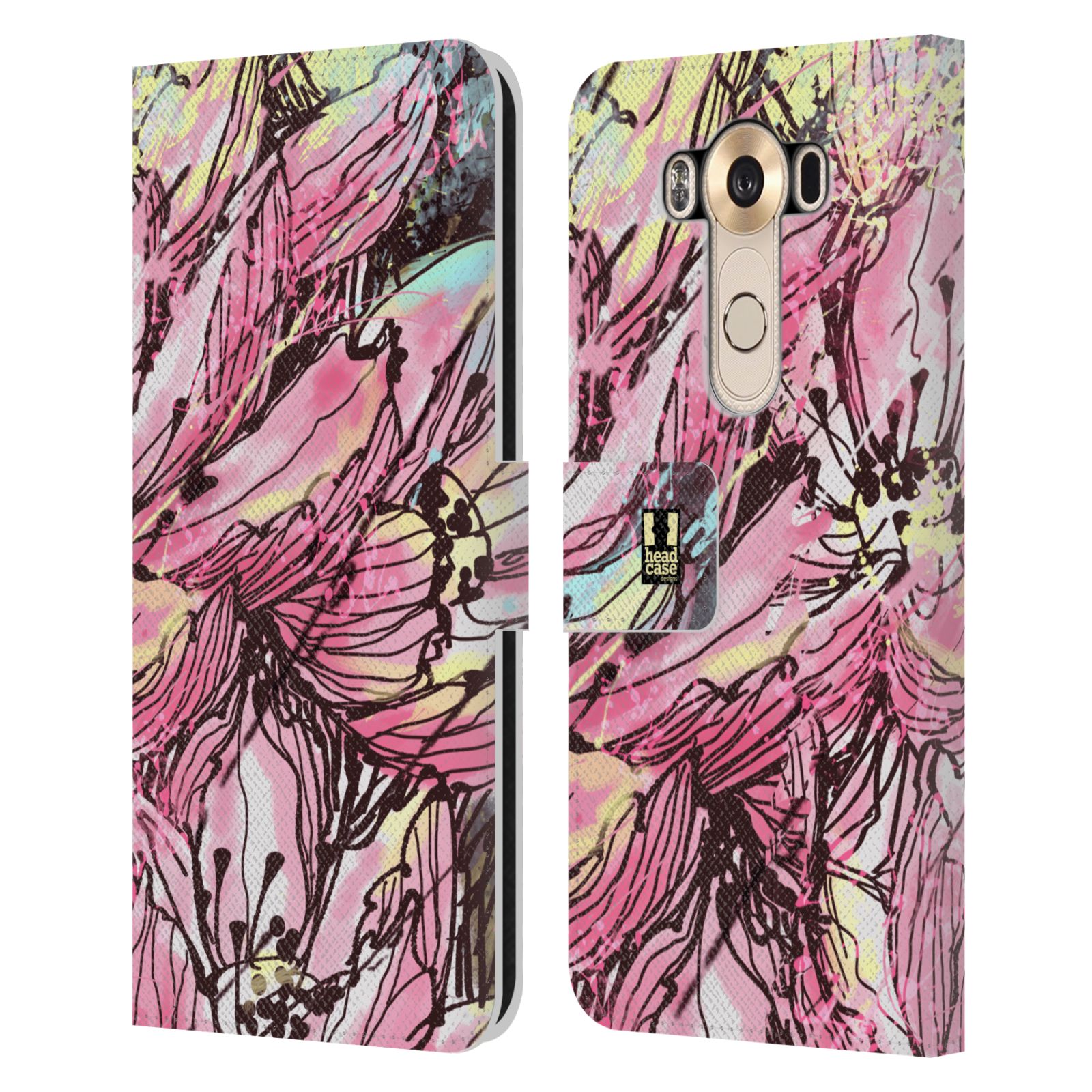 HEAD CASE Flipové pouzdro pro mobil LG V10 barevná malba květy Hanakotoba růžová