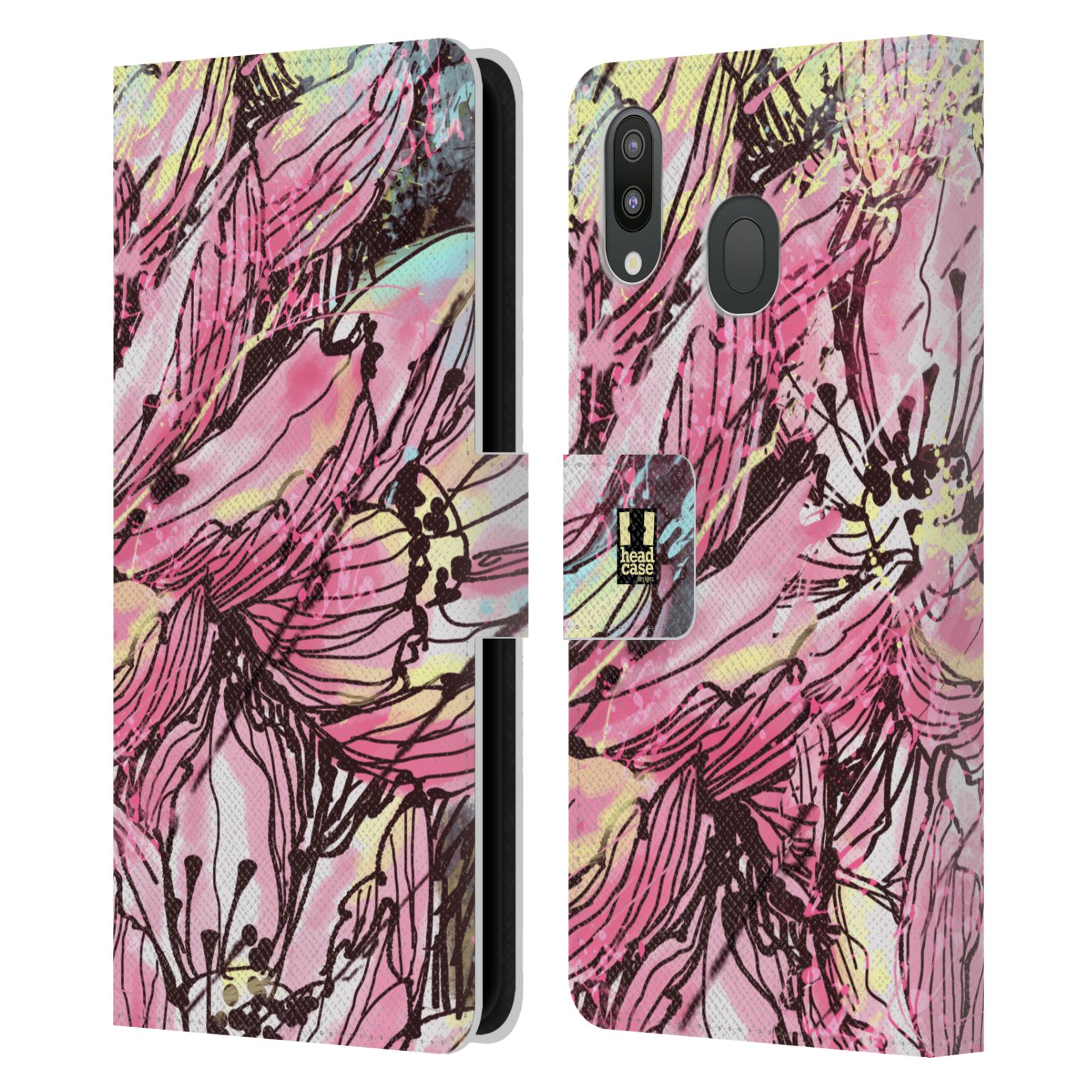 Pouzdro na mobil Samsung Galaxy M20 barevná malba květy Hanakotoba růžová
