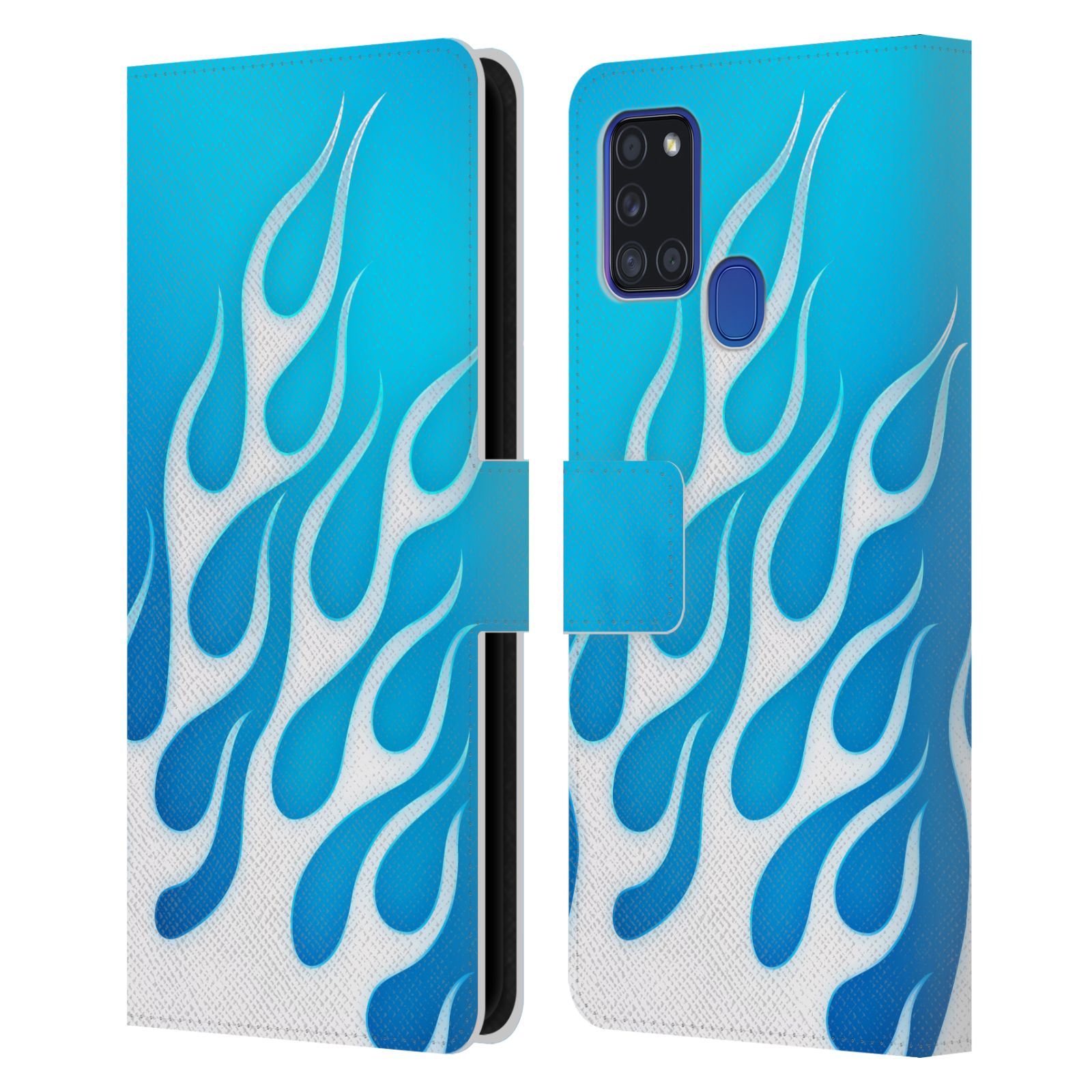 HEAD CASE Flipové pouzdro pro mobil Samsung Galaxy A21s barevné ohnivé plameny mrazivě modrá