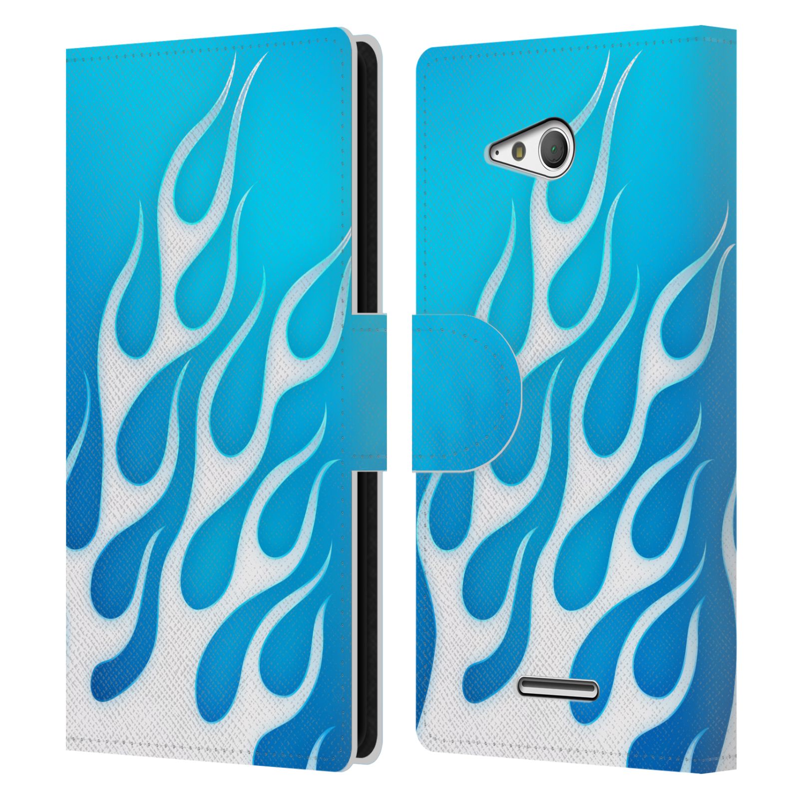 HEAD CASE Flipové pouzdro pro mobil SONY XPERIA E4g barevné ohnivé plameny mrazivě modrá