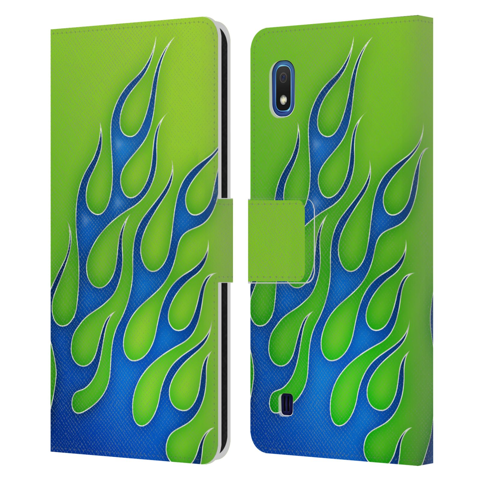 Pouzdro na mobil Samsung Galaxy A10 barevné ohnivé plameny modrá a zelená