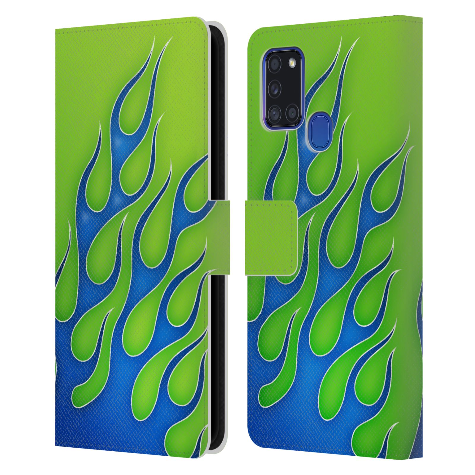 HEAD CASE Flipové pouzdro pro mobil Samsung Galaxy A21s barevné ohnivé plameny modrá a zelená