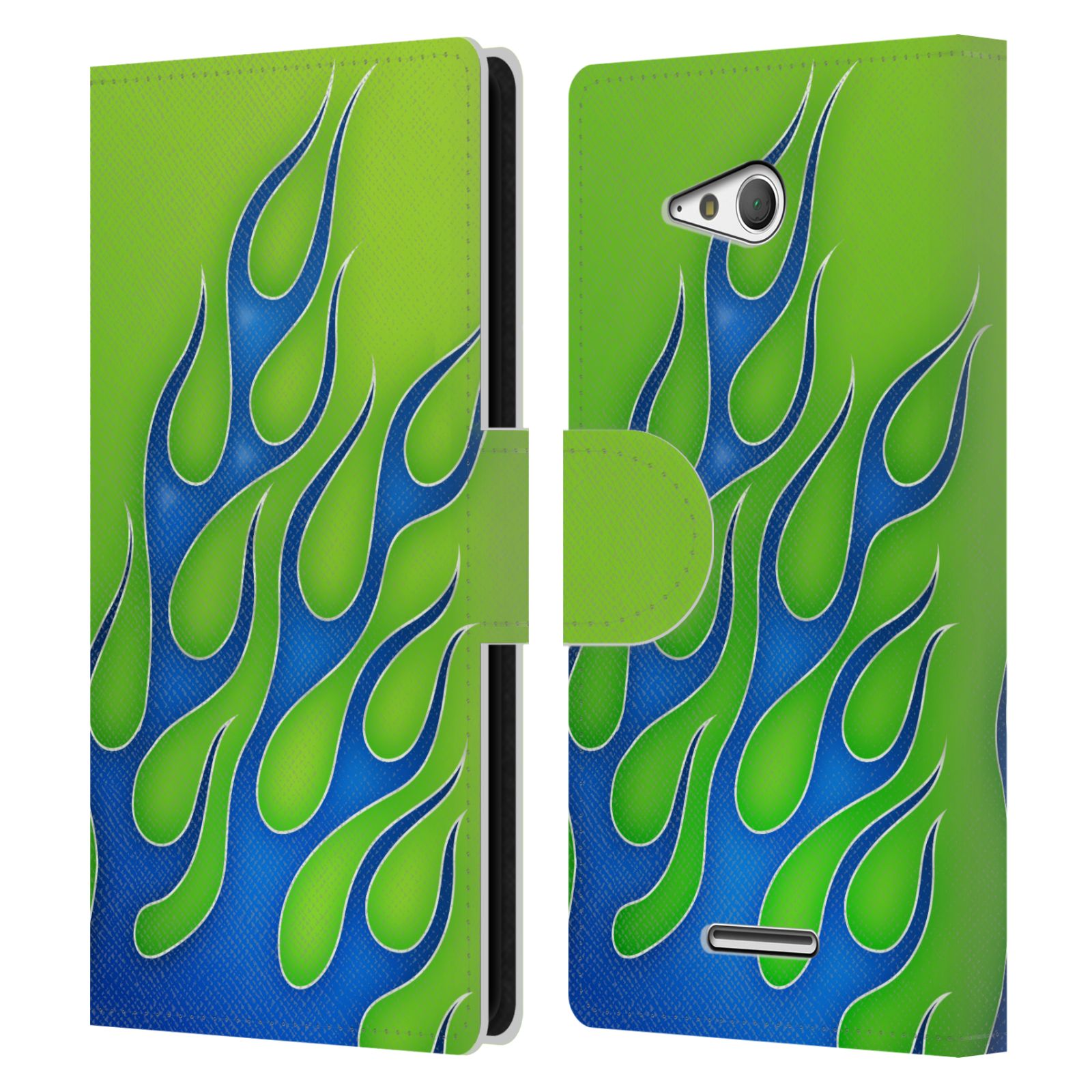 HEAD CASE Flipové pouzdro pro mobil SONY XPERIA E4g barevné ohnivé plameny modrá a zelená