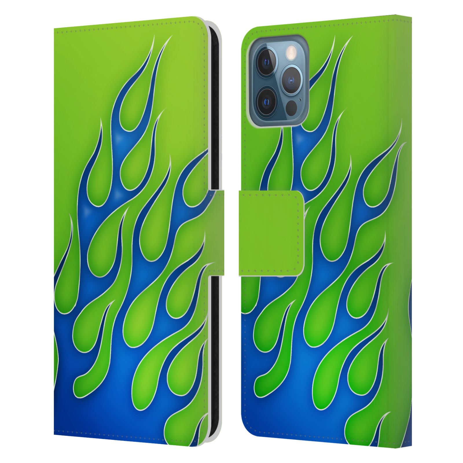 HEAD CASE Flipové pouzdro pro mobil Apple Iphone 12 / Iphone 12 PRO barevné ohnivé plameny modrá a zelená