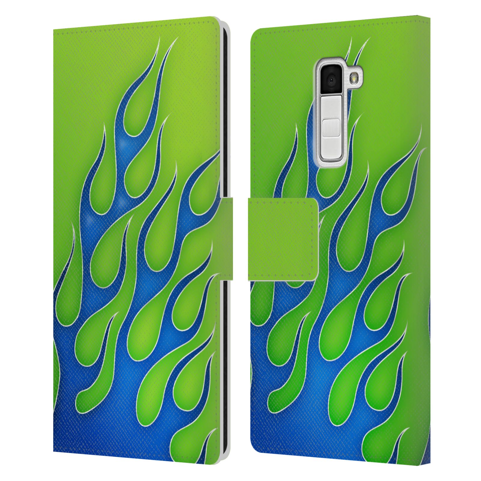 HEAD CASE Flipové pouzdro pro mobil LG K10 barevné ohnivé plameny modrá a zelená
