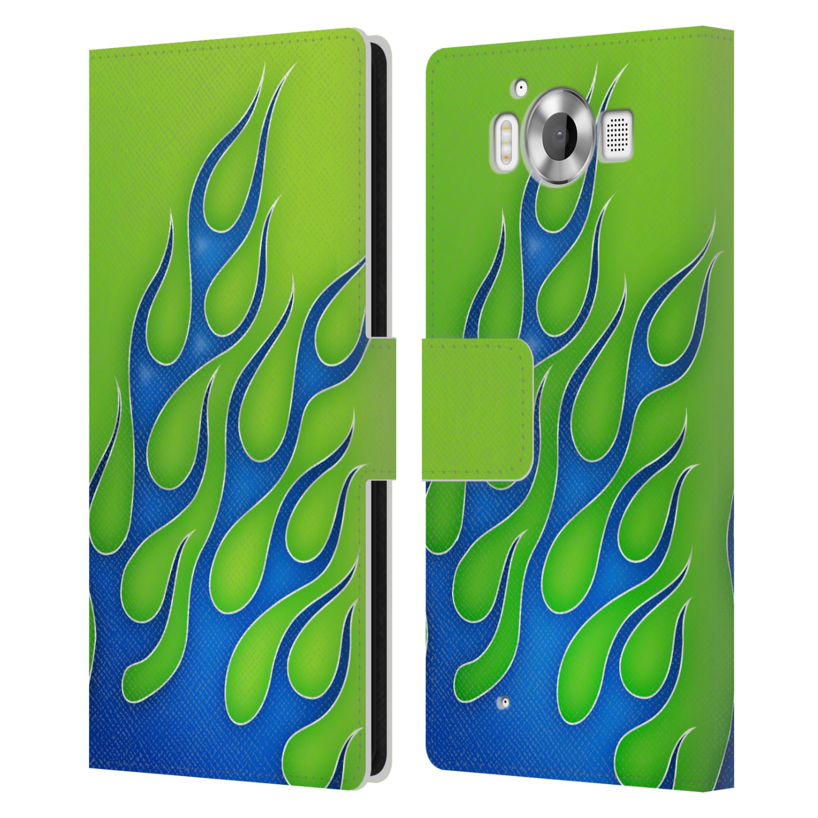 HEAD CASE Flipové pouzdro pro mobil Microsoft Lumia 950 / LUMIA 950 DUAL SIM barevné ohnivé plameny modrá a zelená