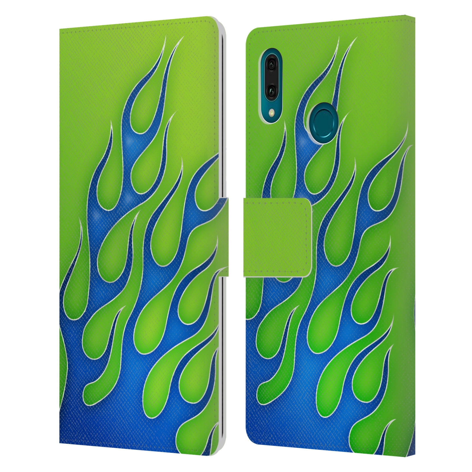 Pouzdro na mobil Huawei Y9 2019 barevné ohnivé plameny modrá a zelená