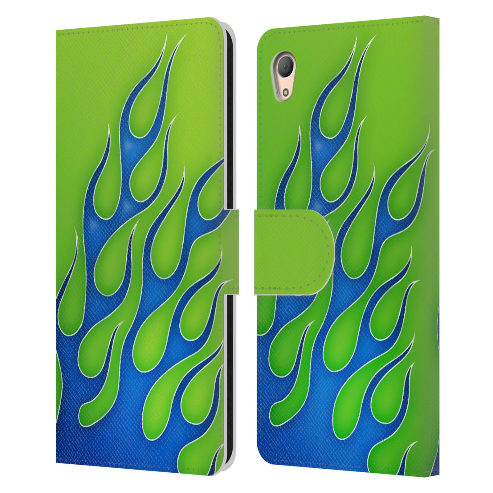 HEAD CASE Flipové pouzdro pro mobil SONY XPERIA Z3+ (PLUS) barevné ohnivé plameny modrá a zelená