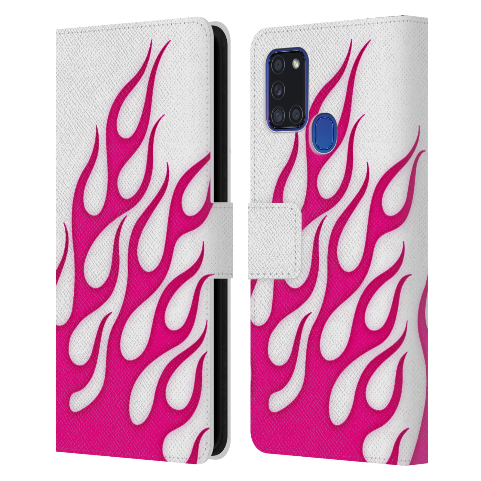 HEAD CASE Flipové pouzdro pro mobil Samsung Galaxy A21s barevné ohnivé plameny růžová a bílá