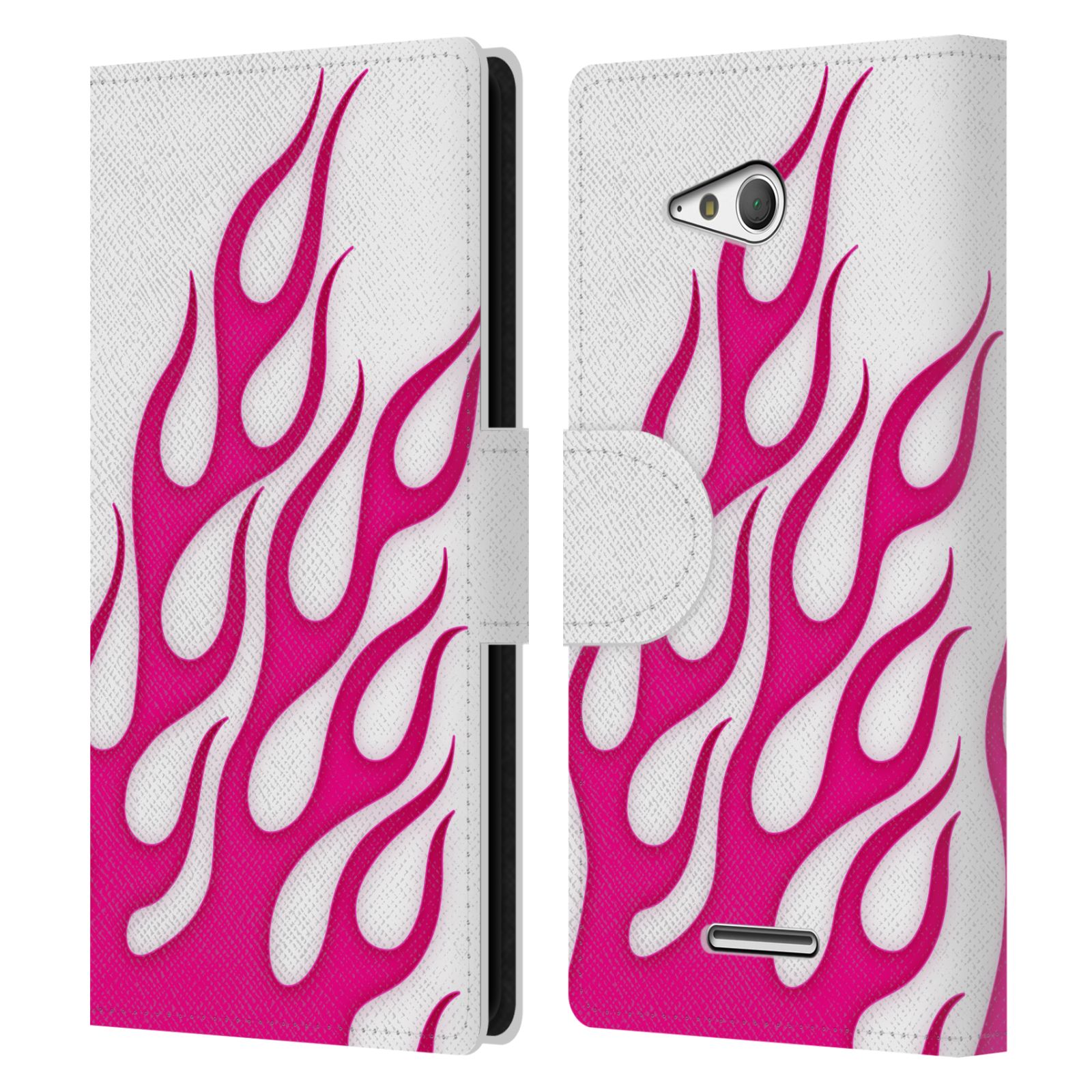 HEAD CASE Flipové pouzdro pro mobil SONY XPERIA E4g barevné ohnivé plameny růžová a bílá