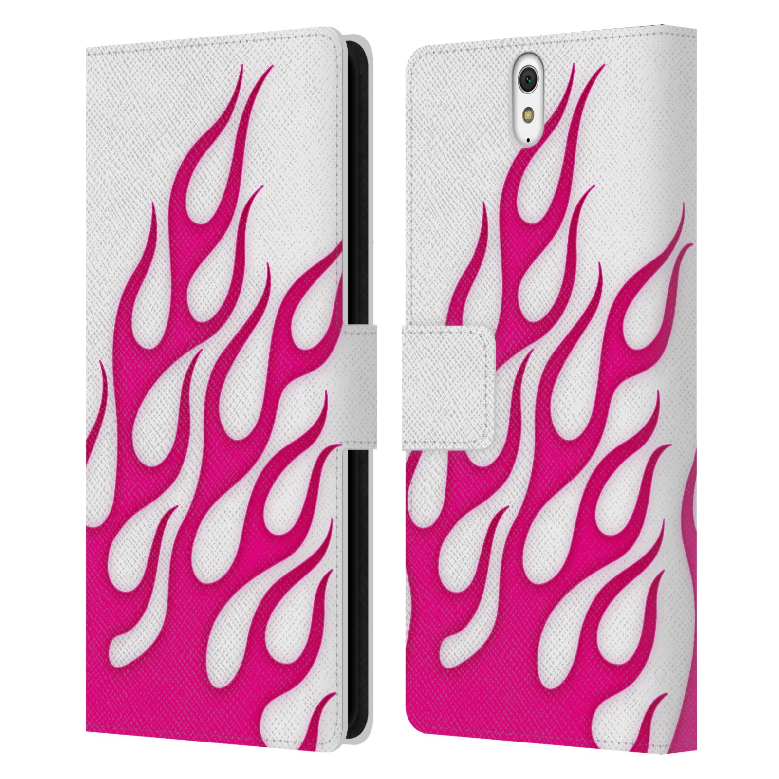 HEAD CASE Flipové pouzdro pro mobil SONY XPERIA C5 Ultra barevné ohnivé plameny růžová a bílá