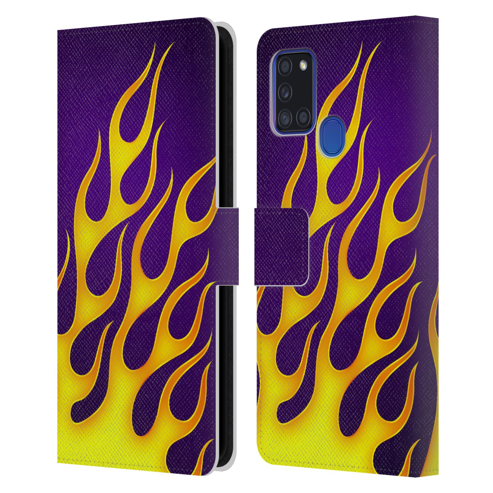 HEAD CASE Flipové pouzdro pro mobil Samsung Galaxy A21s barevné ohnivé plameny žlutá  a fialová