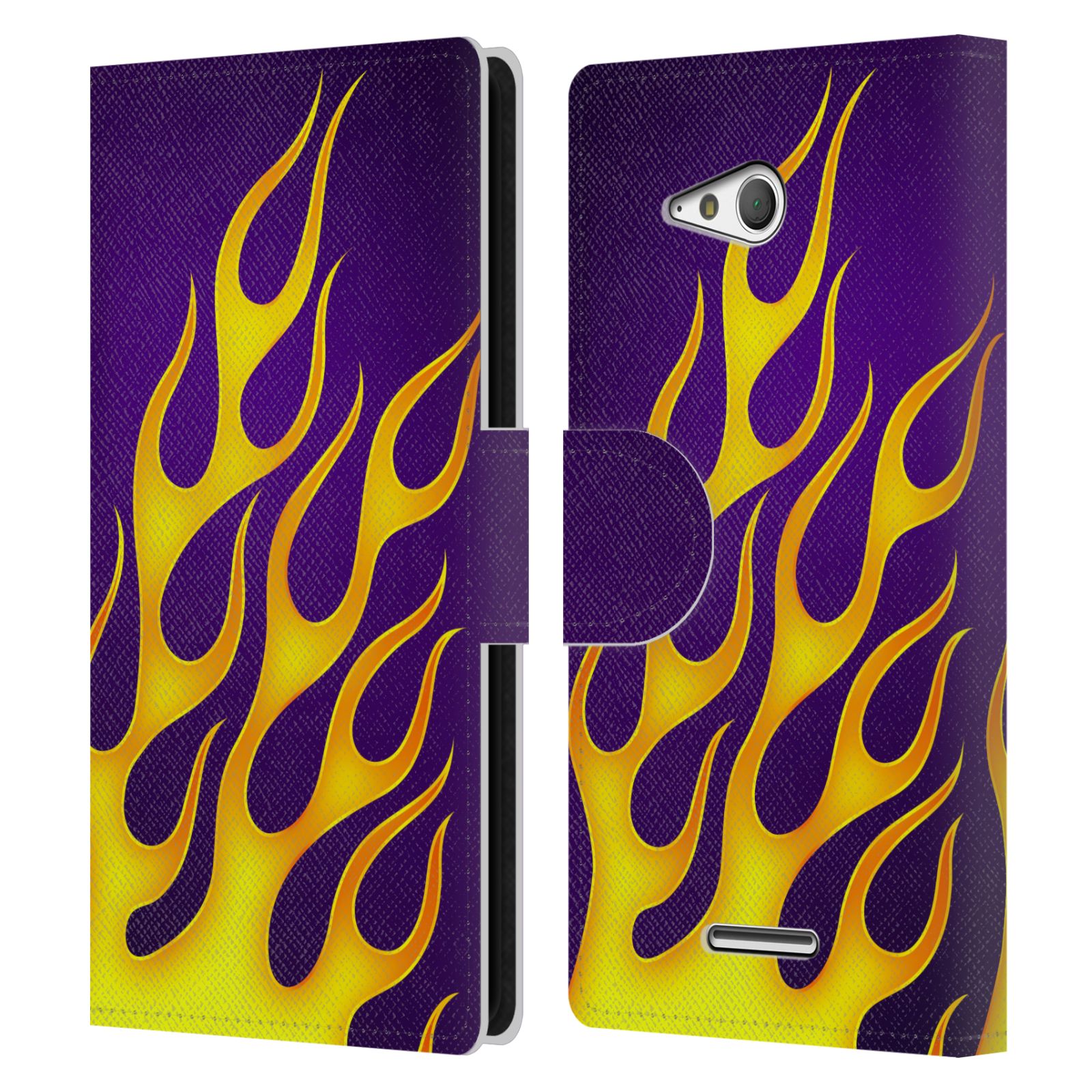 HEAD CASE Flipové pouzdro pro mobil SONY XPERIA E4g barevné ohnivé plameny žlutá  a fialová