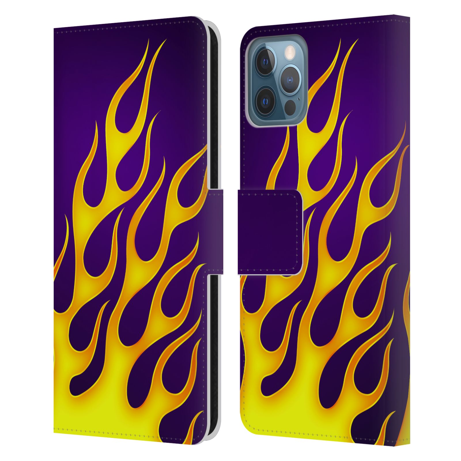 HEAD CASE Flipové pouzdro pro mobil Apple Iphone 12 / Iphone 12 PRO barevné ohnivé plameny žlutá  a fialová