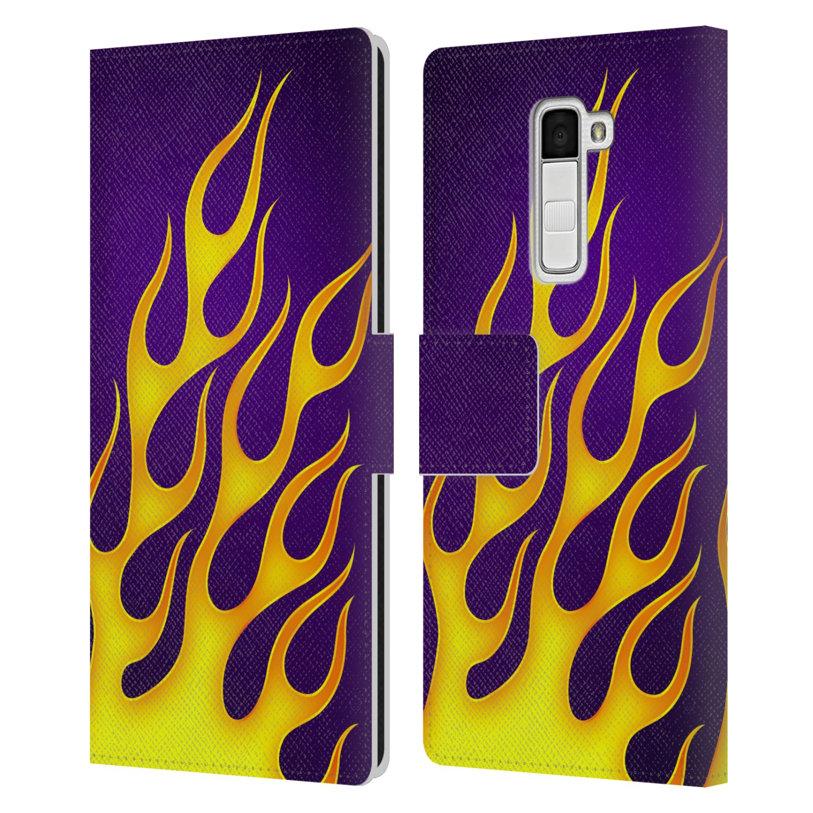 HEAD CASE Flipové pouzdro pro mobil LG K10 barevné ohnivé plameny žlutá  a fialová