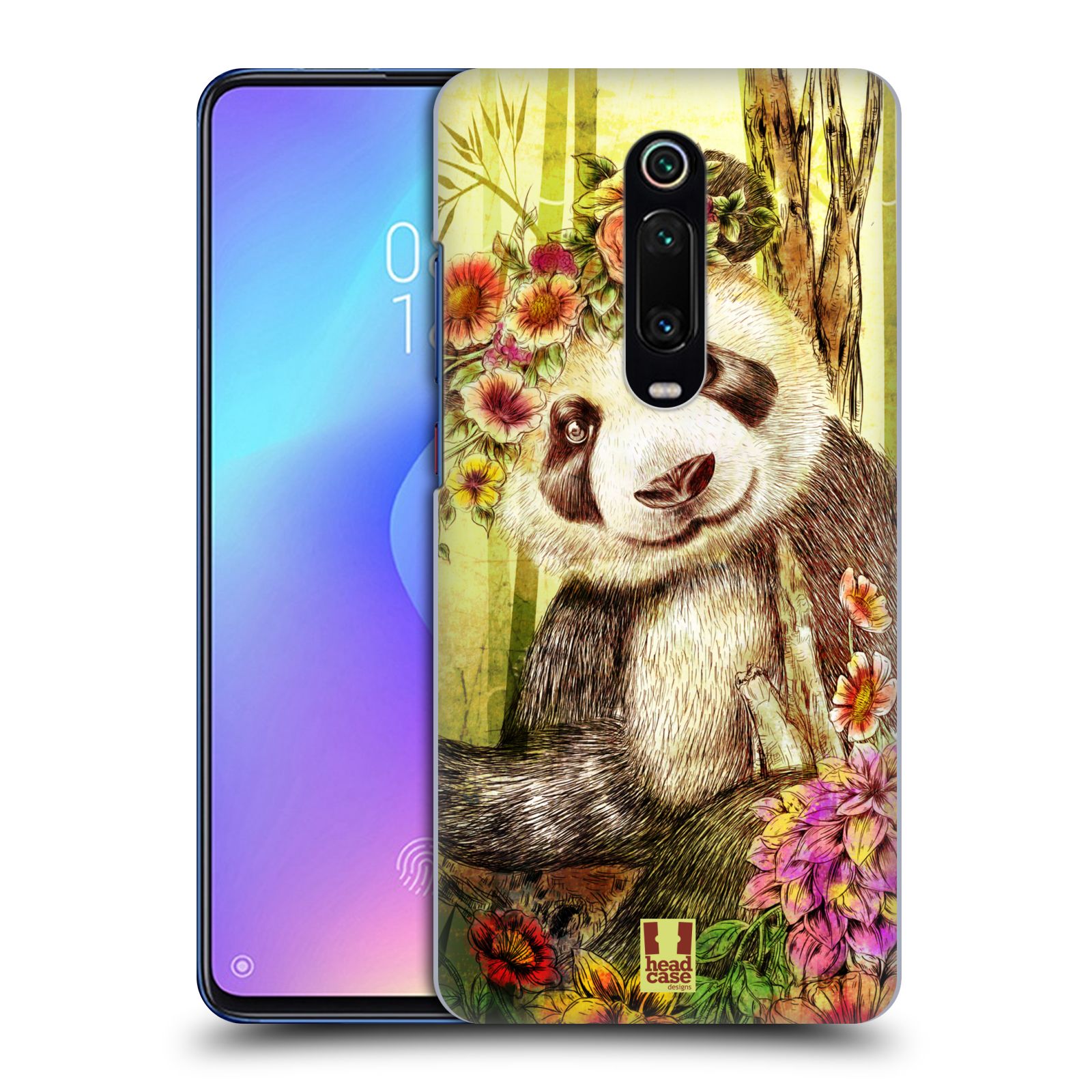 Pouzdro na mobil Xiaomi Mi 9T PRO - HEAD CASE - vzor Květinová zvířáta MEDVÍDEK PANDA